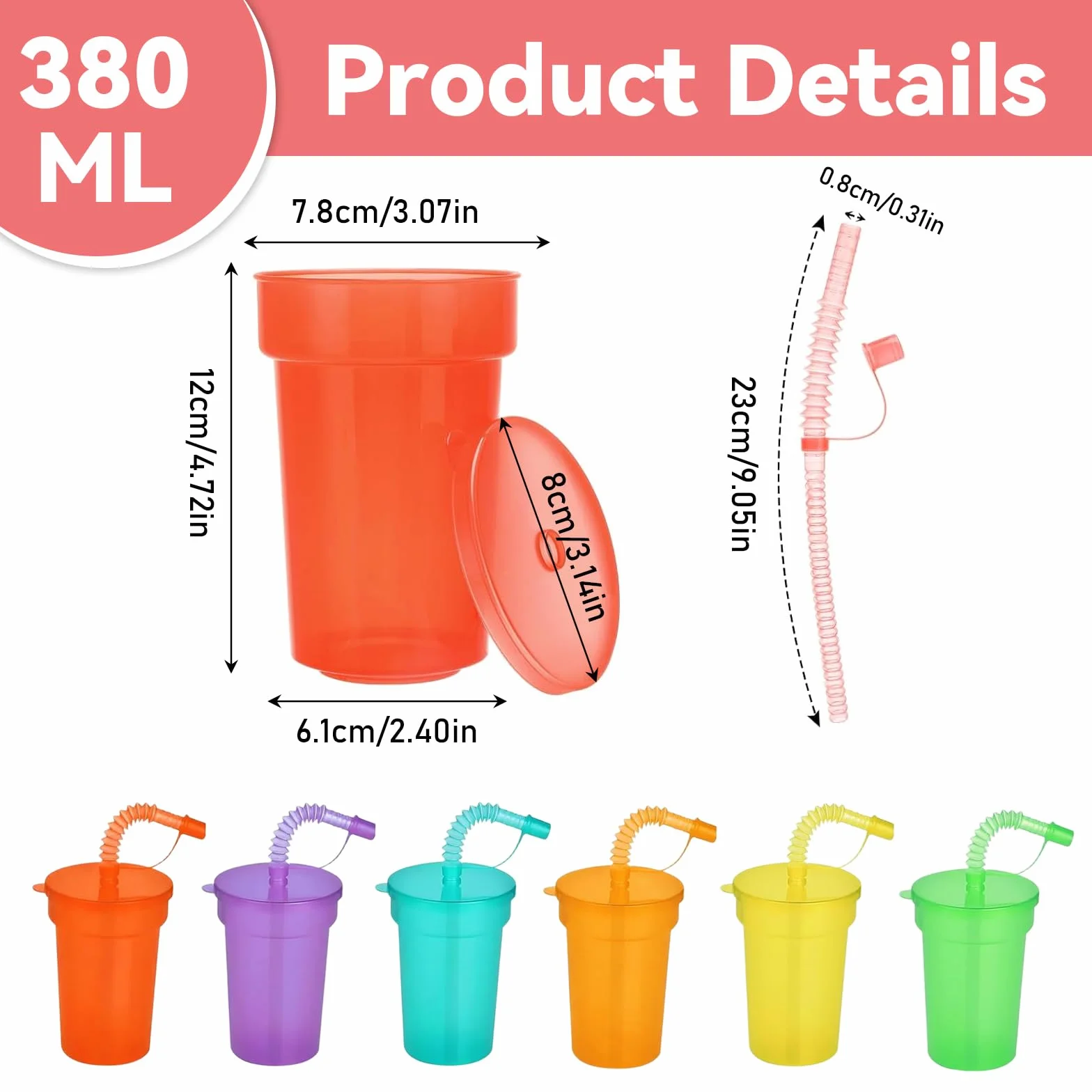 12 sztuk kubków, kubków imprezowych, z pokrywką i słomkami, 380 ml, plastikowe kubki wielokrotnego użytku, neonowe kubki do kawy mrożonej, zimnej i smoothie