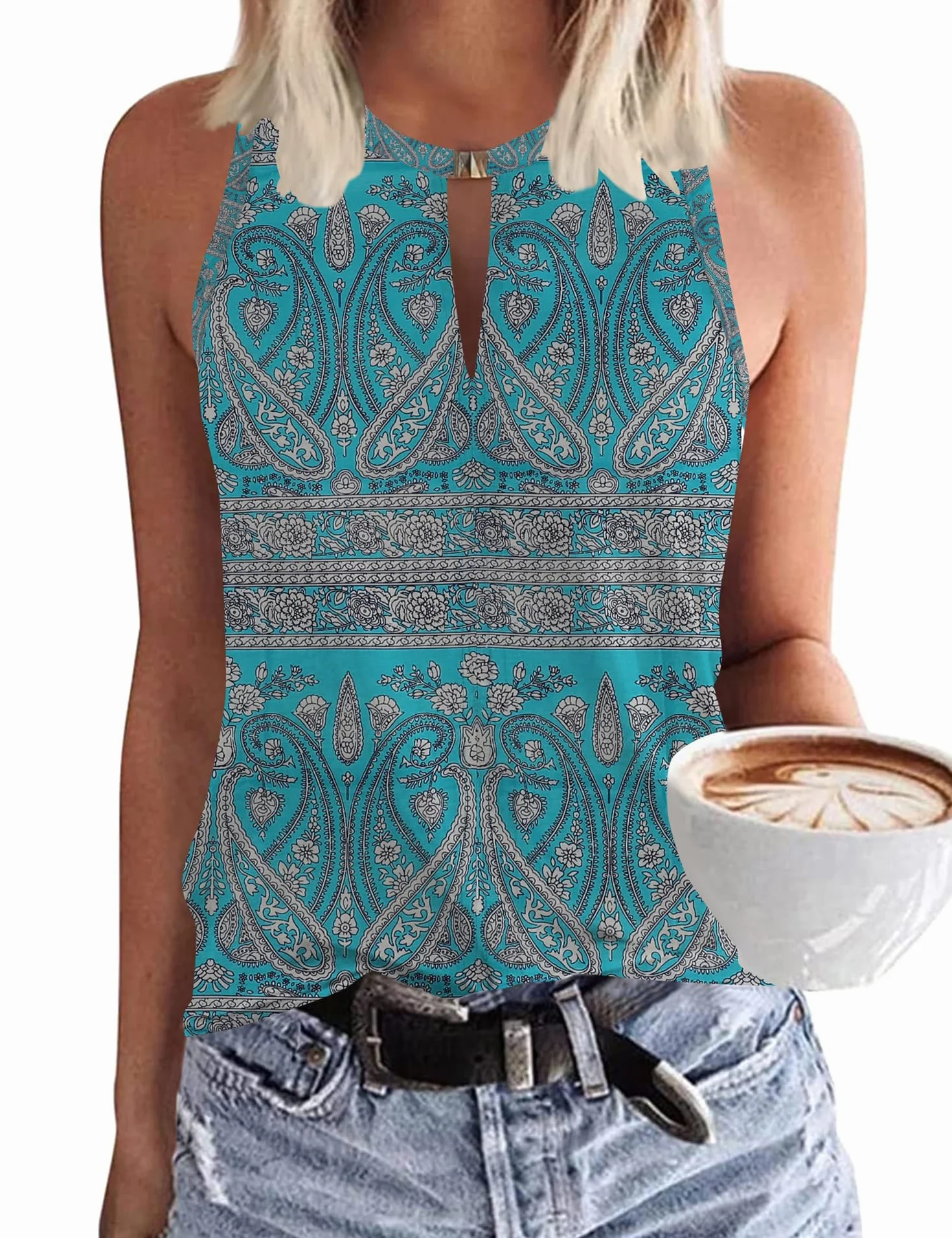 MAVIS LAVEN Damski letni seksowny tank top, bez rękawów, z otworem na klucze, dekolt w serek, elegancka bluzka luźna, luźna, wiązana na szyi
