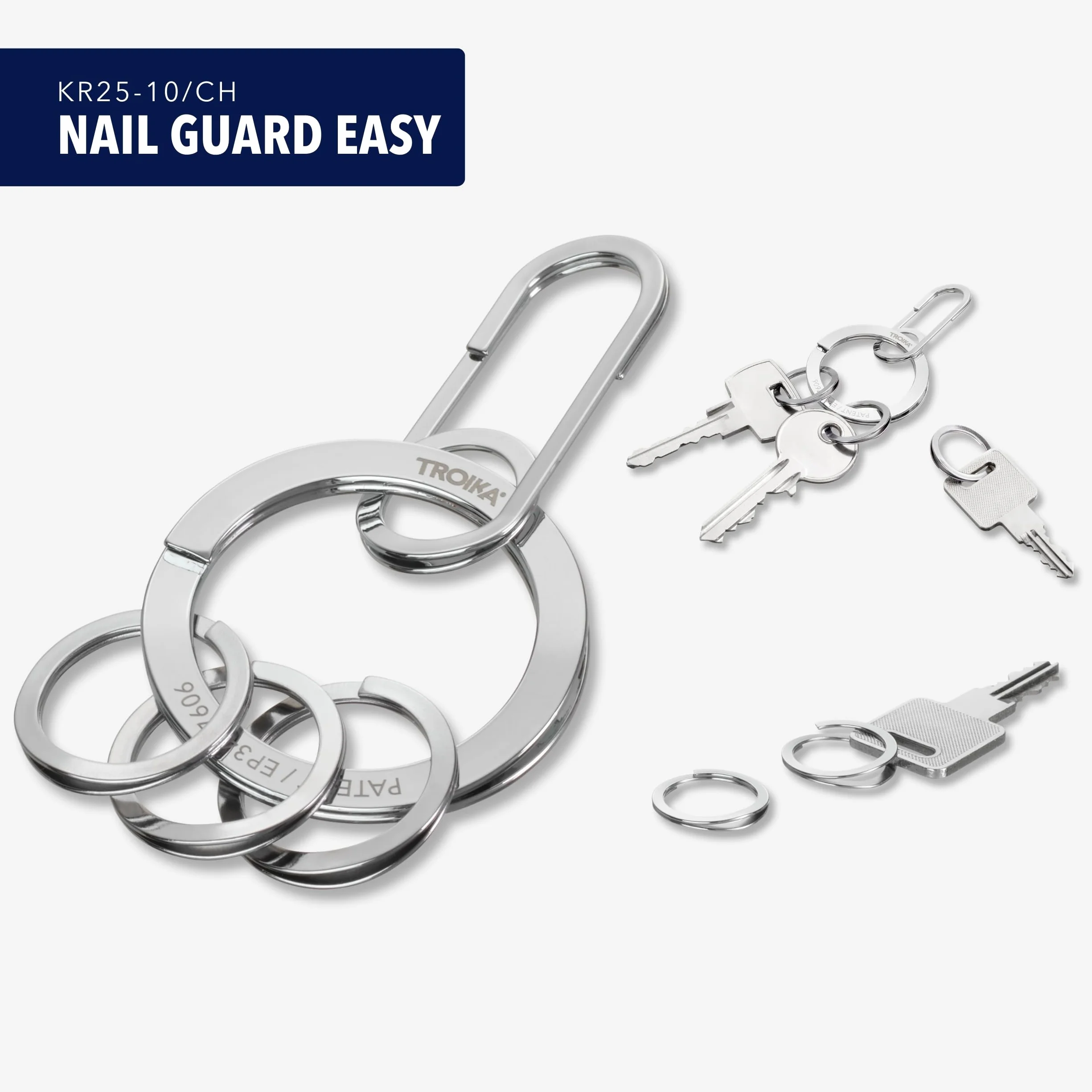 Troika Nail Guard Easy – Brelok do kluczy z szybkim zwalnianiem z 3 pierścieniami przyjaznymi dla paznokci, Srebrny, 6 x 3,5 x 0,8 cm