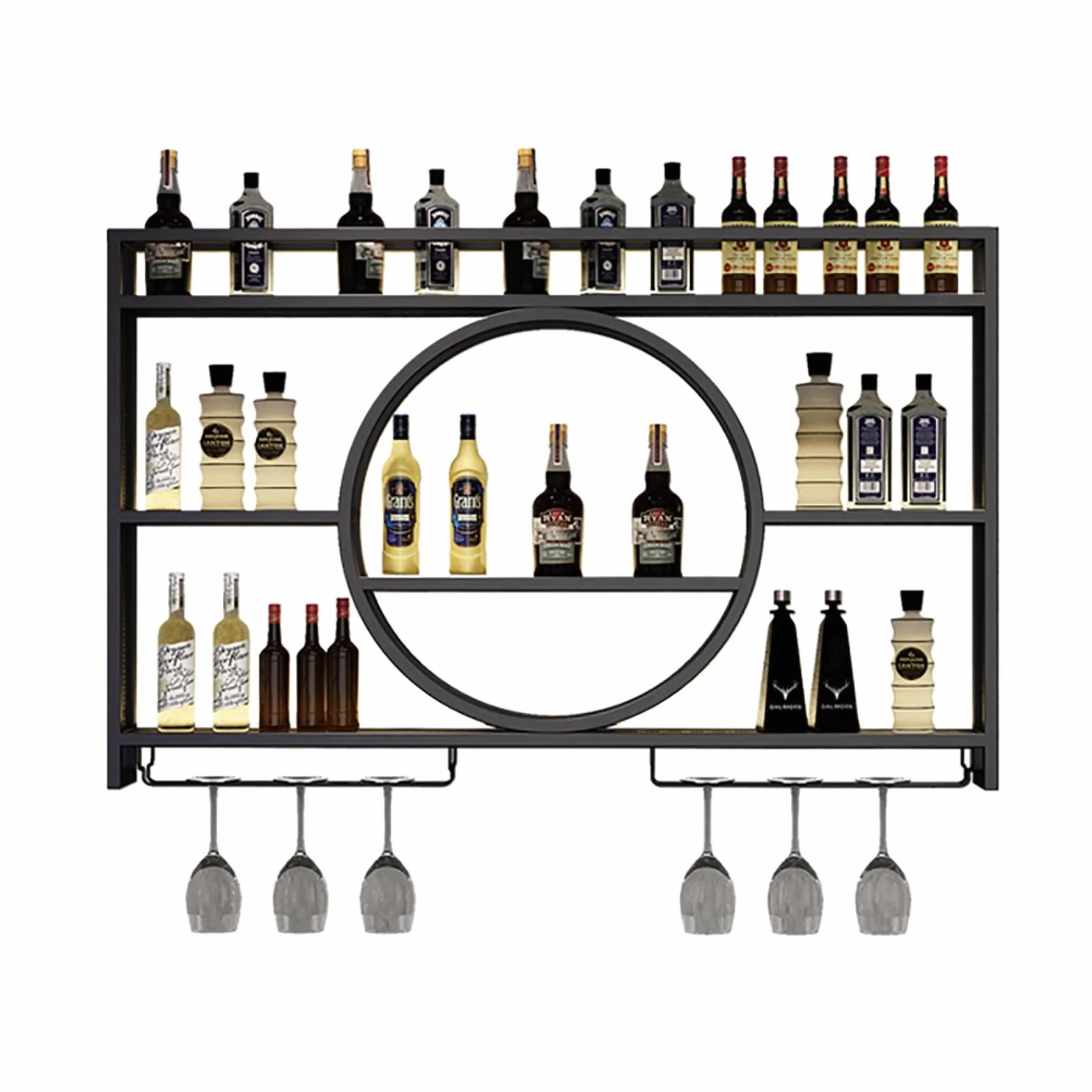 Stojak na wino, ścienne stojaki na wino, ścienny stojak na wino ze światłem LED, żelazna półka na alkohol z uchwytem na kieliszki do wina, pływające ścienne półki na wino, nowoczesny wyświetlacz do