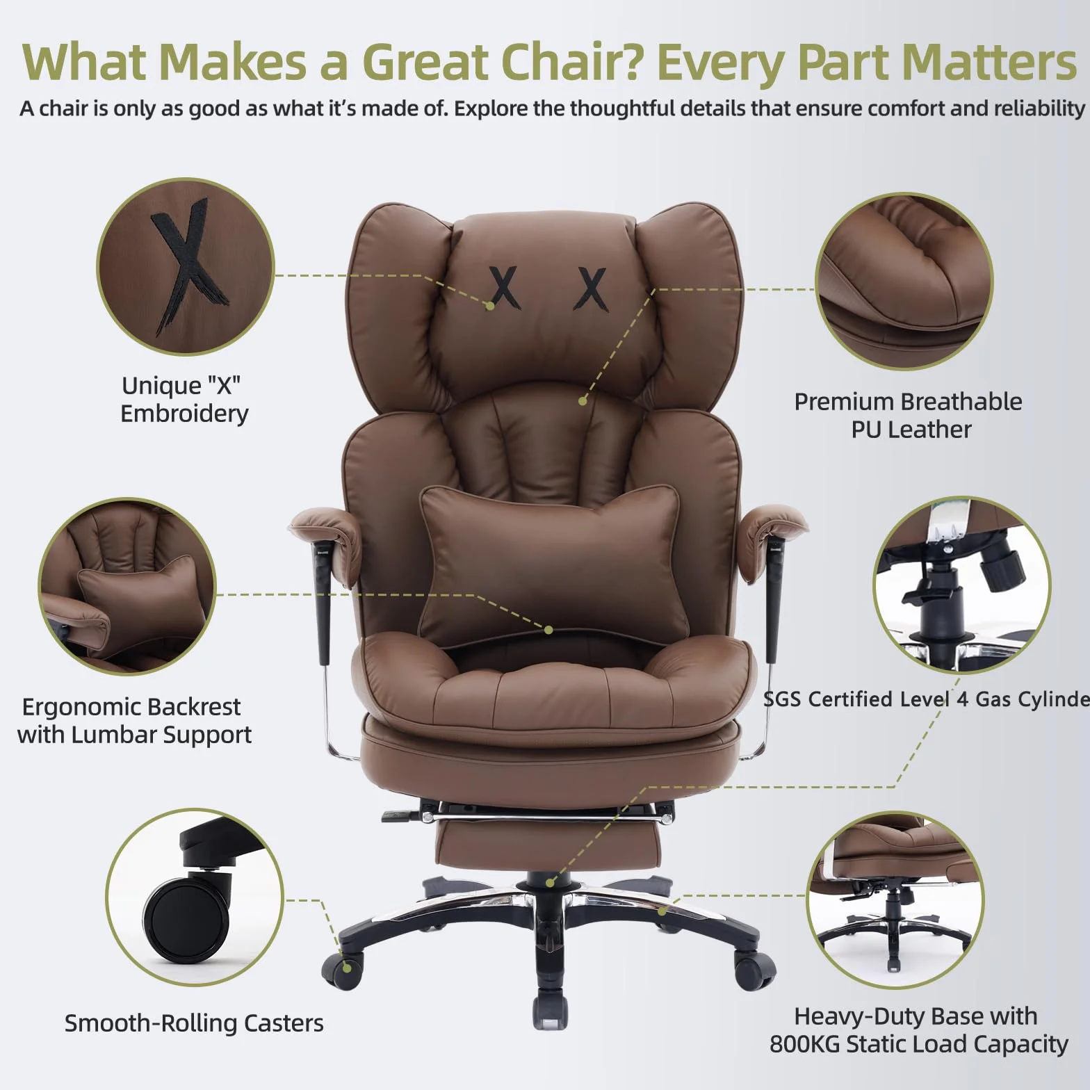 Efomao Ergonomiczny fotel biurowy z podnóżkiem, regulowany fotel gamingowy z poduszką lędźwiową i zagłówkiem, obrotowy fotel komputerowy z funkcją odchylania