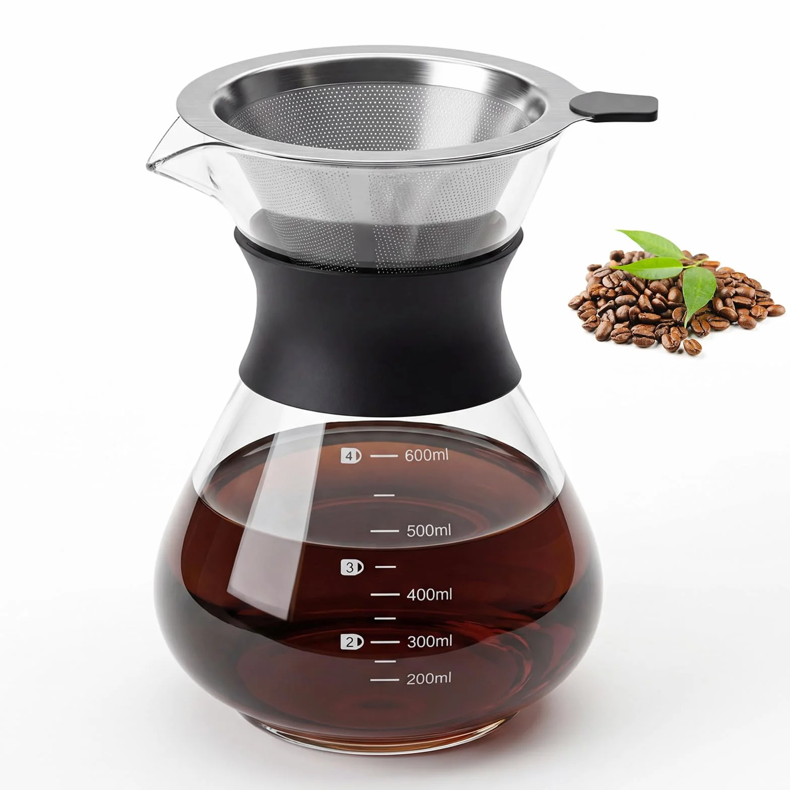 Ekspres do Kawy Przelewowy 600ml, Ręczny Filtrowarz ze Stali Nierdzewnej, Szklany Dripper, Czarny