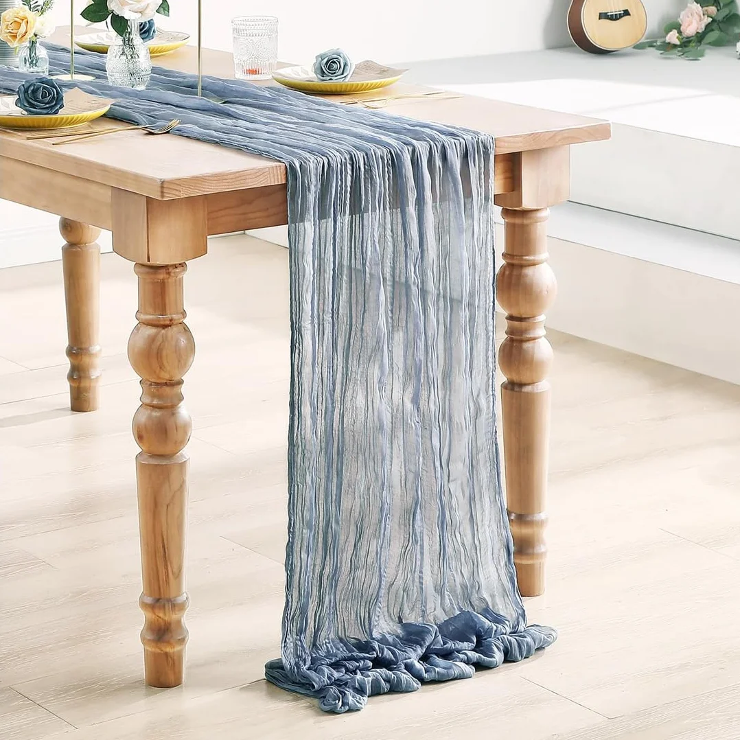 Niebieski bieżnik na stół, 90 x 400 cm, gaza, bieżnik na stół, bieżnik na ser w stylu boho, rustykalna elegancka dekoracja stołu na wesele, chrzest, baby shower, urlop, imprezę