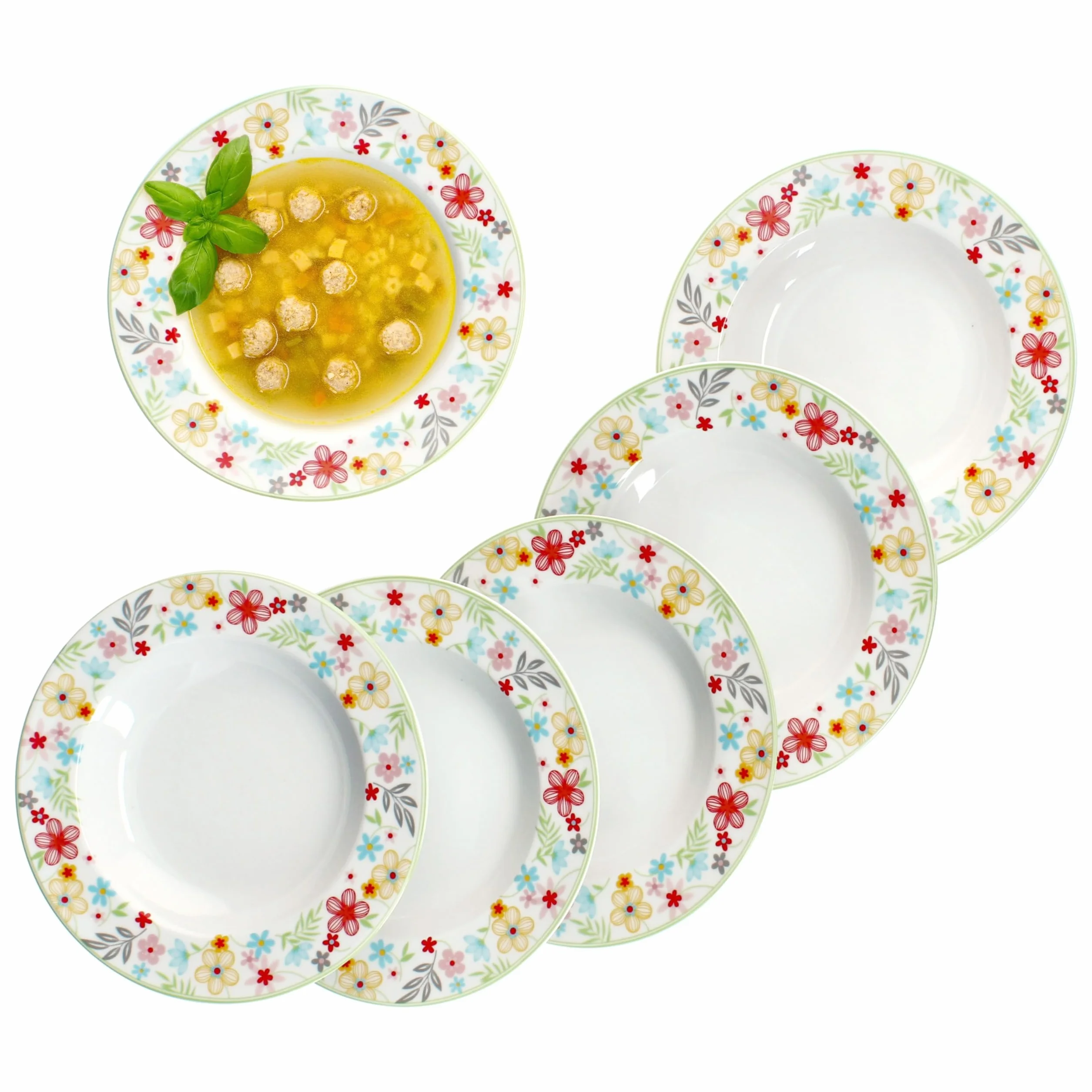 MamboCat Zestaw 6 talerzy do zupy z kwiatkami, kolorowe, głębokie talerze porcelanowe dla 6 osób, kolorowe, okrągłe talerze do sałaty, zupy, musli, makaronu itp. na śniadanie, obiad i kolację