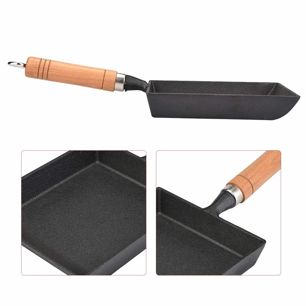 ASHATA Japońska Mini Tamagoyaki Omlet Patelnia do jajek Kwadratowa patelnia żeliwna prostokątna patelnia z drewnianym uchwytem, nieprzywierająca (37 x 15,5 cm/14,6 * 6,1 cala)