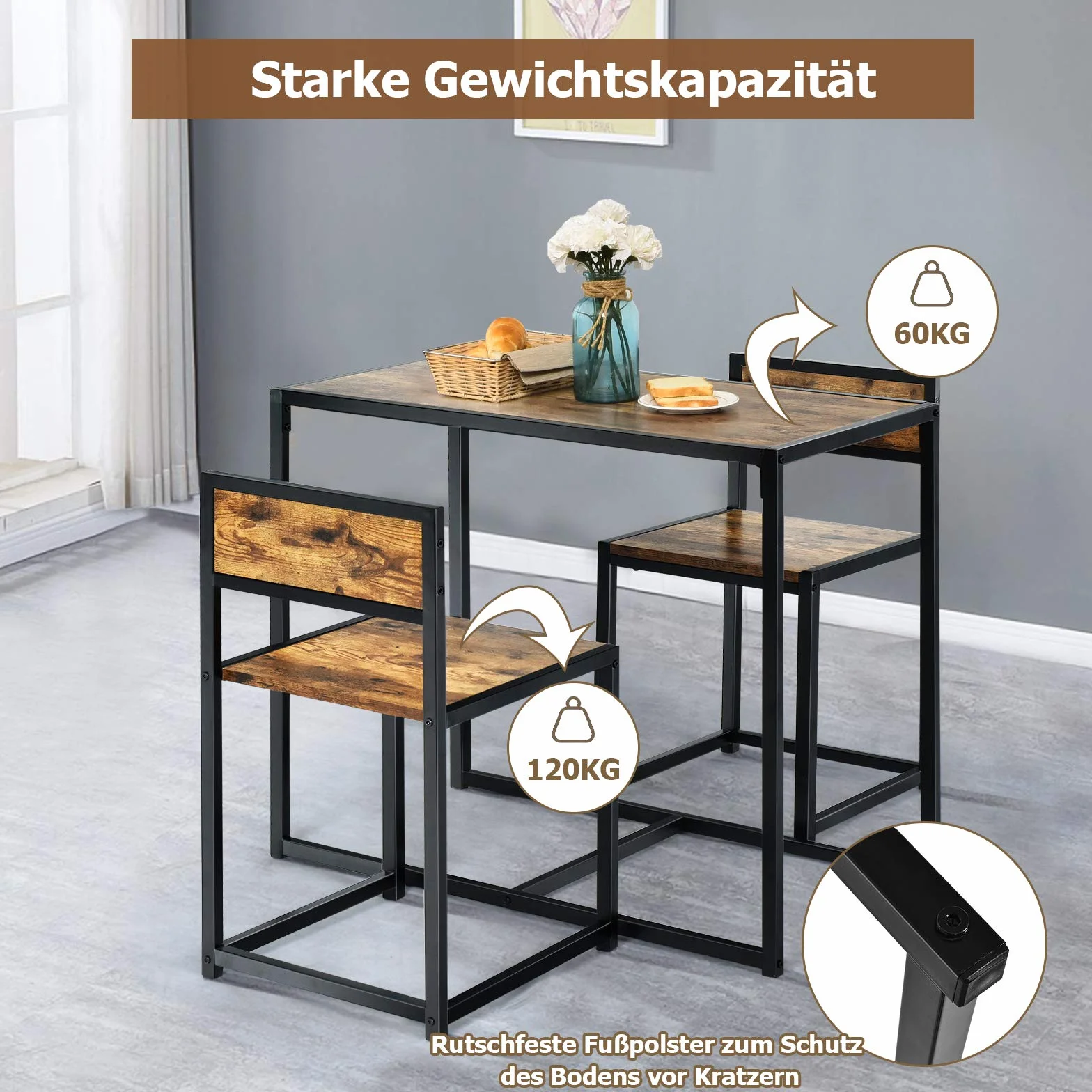 COSTWAY 3-częściowy zestaw stolików barowych, stół do jadalni z 2 krzesłami, mały zestaw do jadalni z metalowym stelażem, bar kuchenny, stół do kuchni, jadalni i bistro (antyczny)
