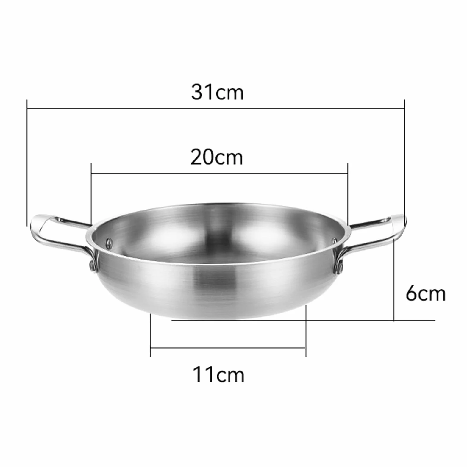 Ejoyous Patelnia do gotowania wok, 20 cm, ze stali nierdzewnej z podwójnym uchwytem, 1350 ml, patelnia z płaskim dnem, do gotowania owoców morza, smażonego ryżu, głębokiego mieszania (kolor srebrny)