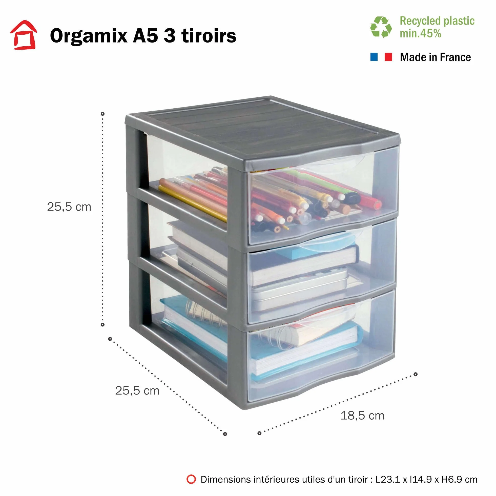 SUNDIS Orgamix plastikowa komoda do przechowywania 3 przezroczyste szuflady A5 25,5 cm