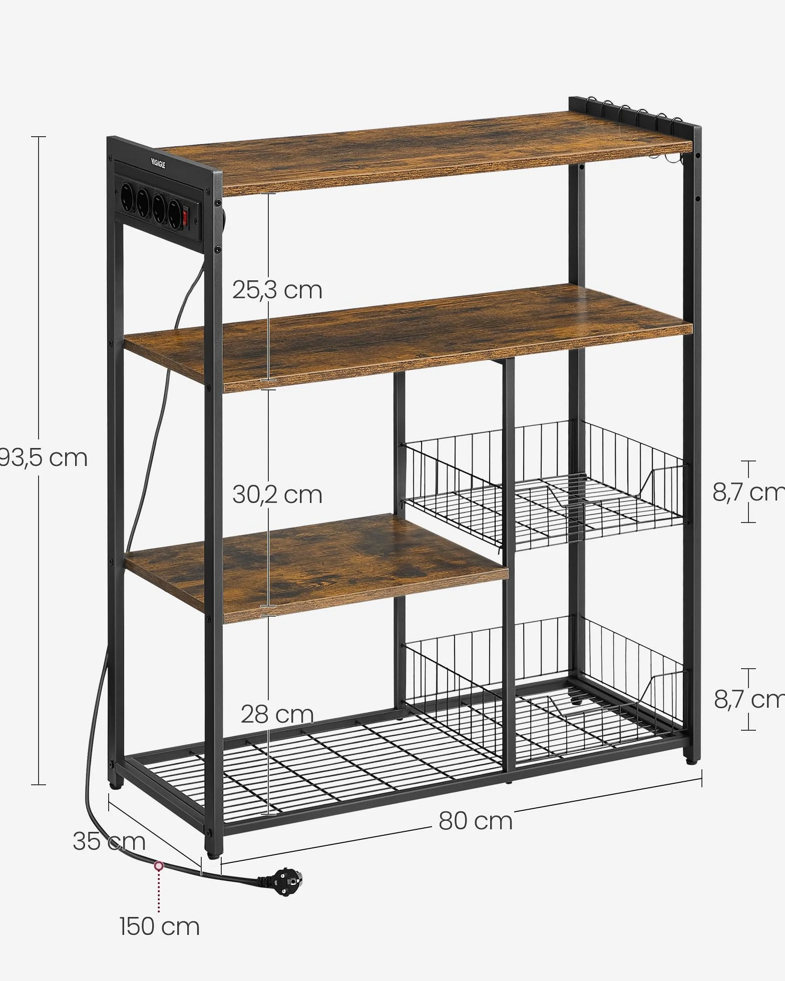 VASAGLE Półka kuchenna wolnostojąca z 2 metalowymi koszami, regał piekarniczy z haczykami, 35 x 80 x 93,5 cm, czarny KKS196K01