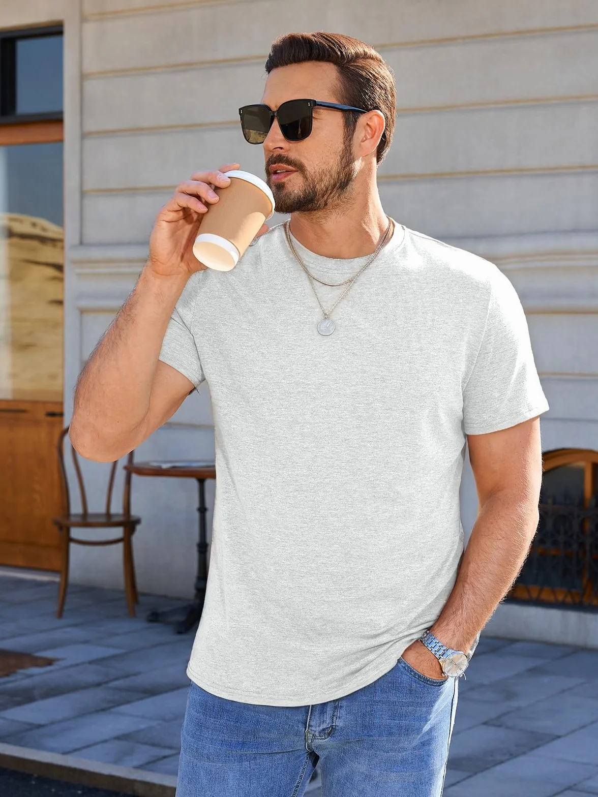 Runcati Męski T-shirt z krótkim rękawem, okrągły dekolt, na lato, slim fit, lekka koszulka treningowa, basic, jednokolorowa, biznesowa