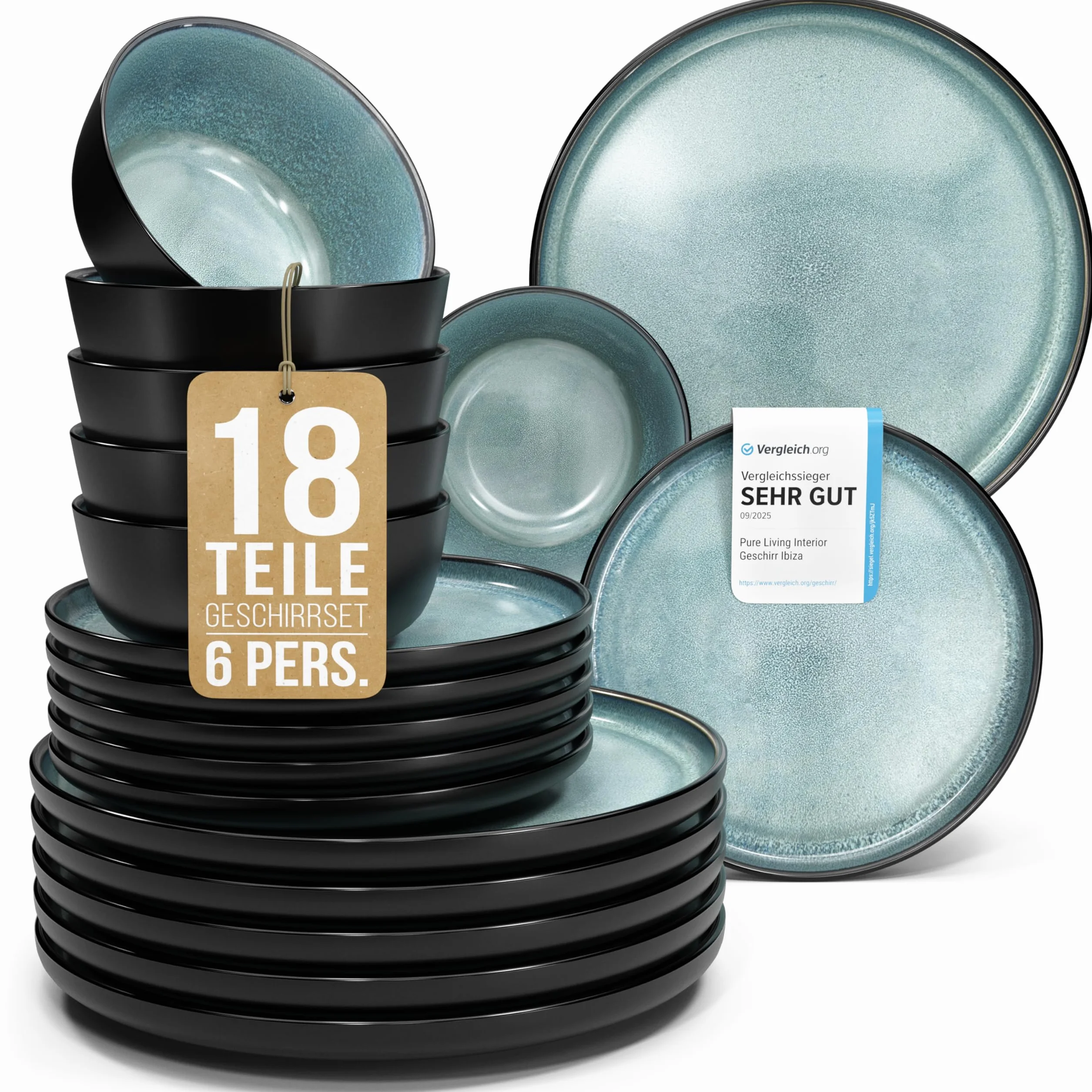 Modern Stoneware Dinnerware Set for 6 - 18 Piece Scratch Resistant Dishwasher Safe Ceramic Plates and Bowls Set Black Petrol Blue