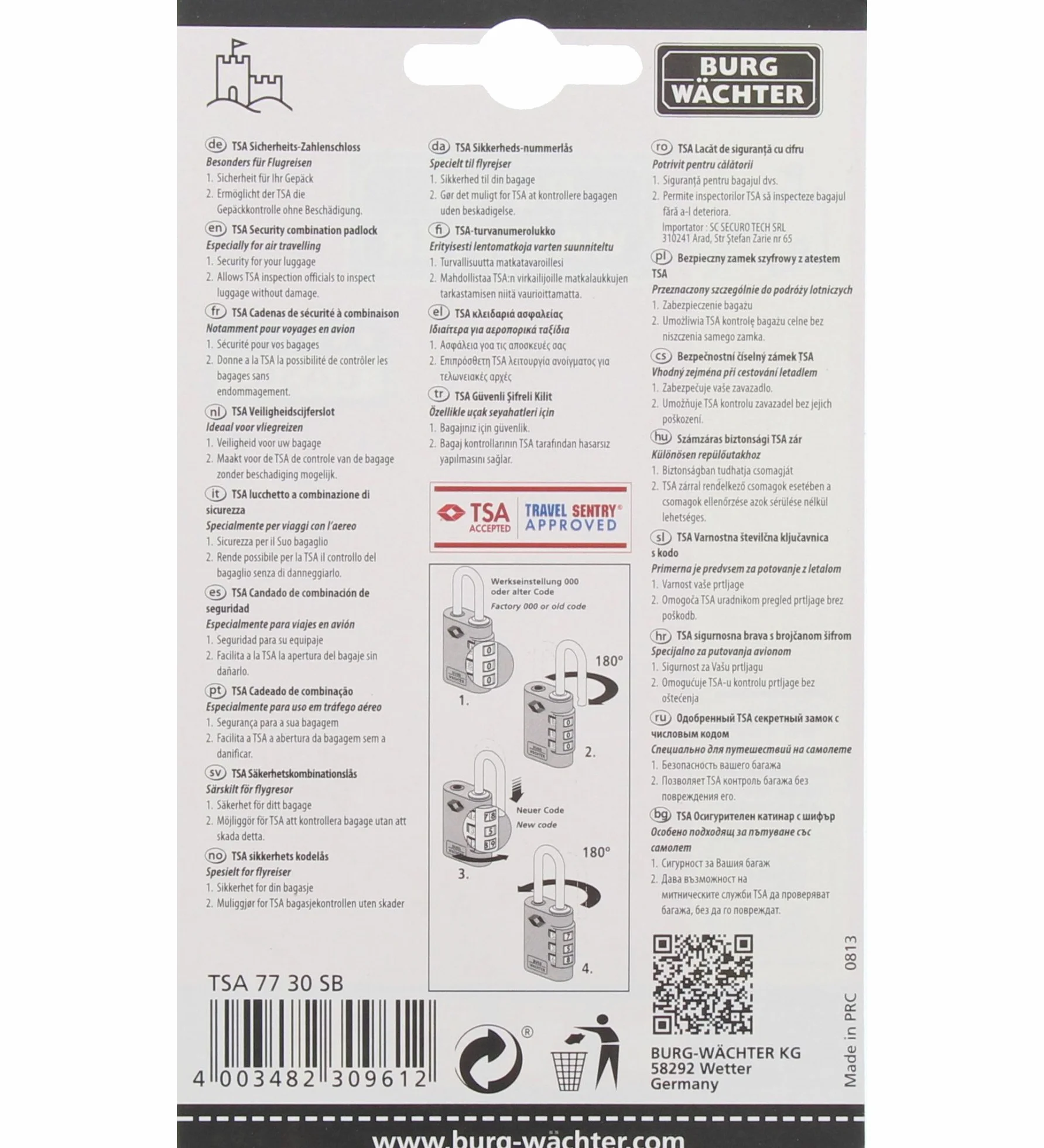 Burg-Wächter 77/30 zamek szyfrowy, grubość pałąka 3,5 mm, 3 rolki szyfrowe, TSA 77 30 SB
