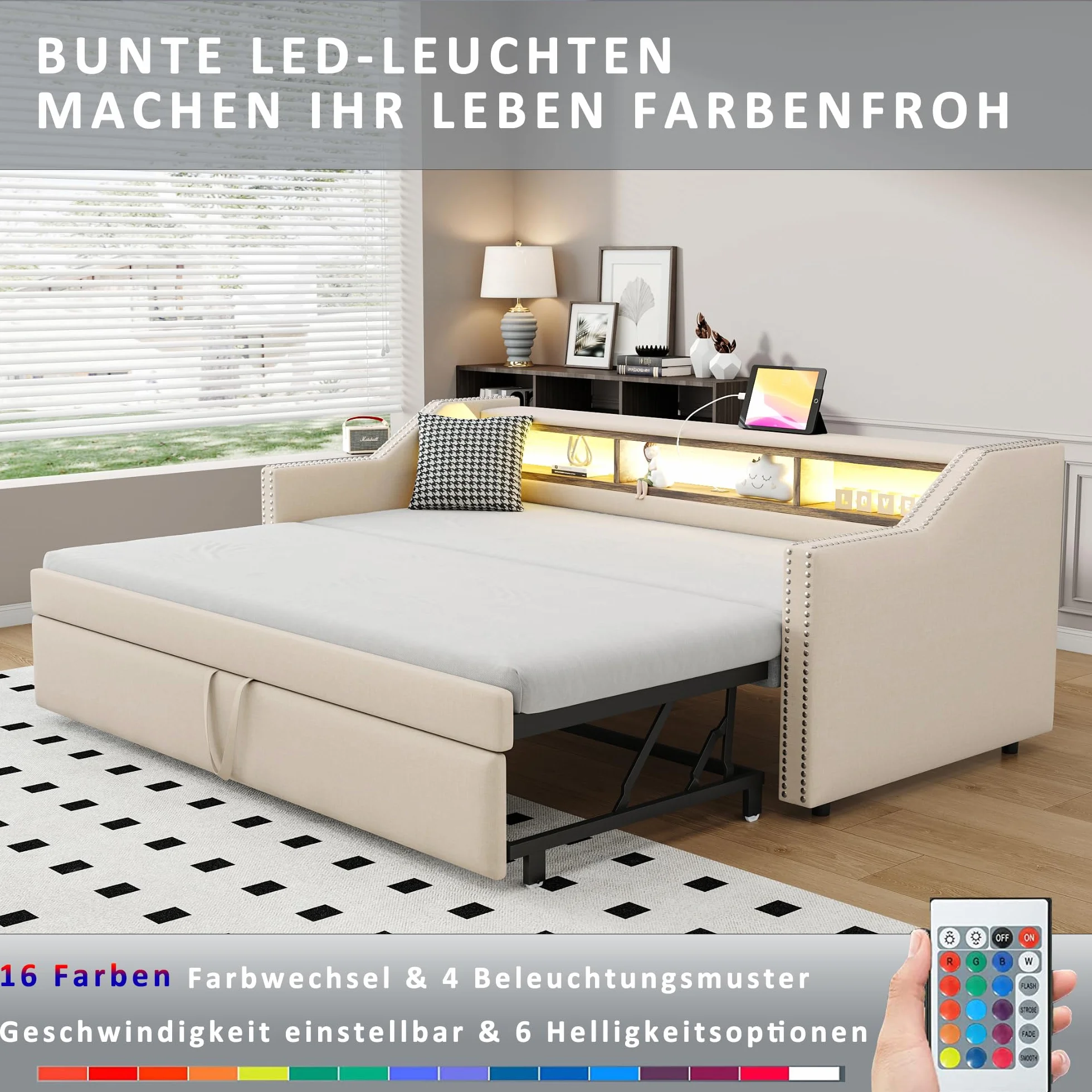 Łóżko dzienne 90/180 x 190 cm z łóżkiem dla gości, rozkładane na tę samą wysokość, sofa z funkcją spania dla 2 osób, len (beżowe)
