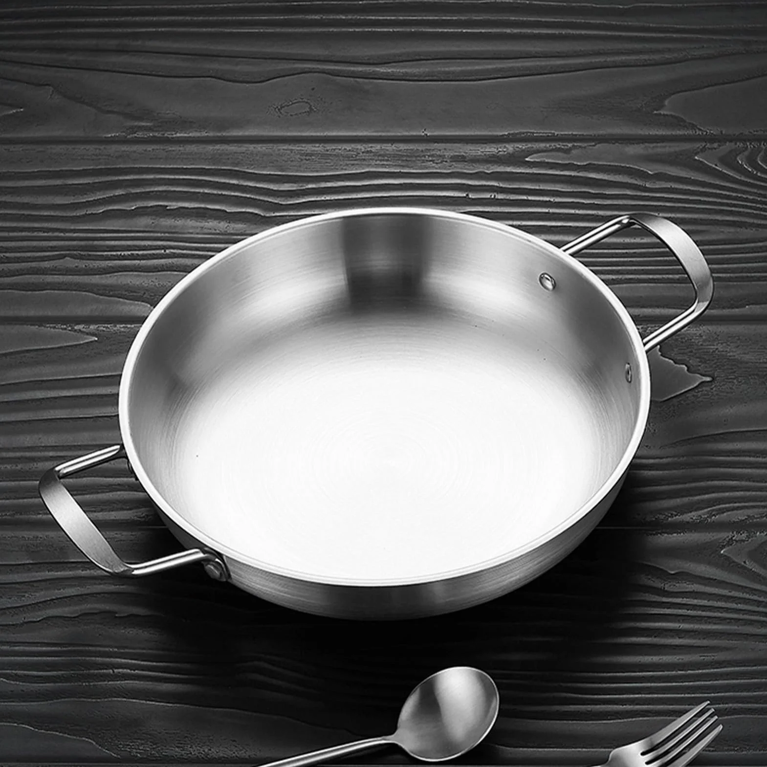 Ejoyous Patelnia do gotowania wok, 20 cm, ze stali nierdzewnej z podwójnym uchwytem, 1350 ml, patelnia z płaskim dnem, do gotowania owoców morza, smażonego ryżu, głębokiego mieszania (kolor srebrny)
