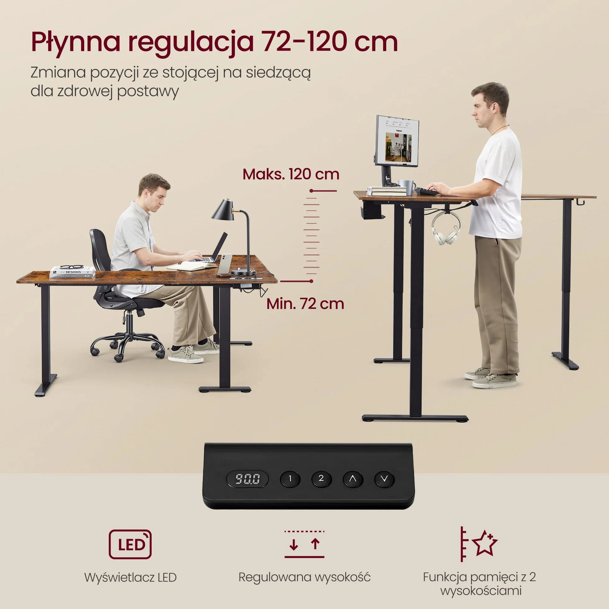 VASAGLE Biurko narożne z regulacją wysokości 190x155 cm 2 gniazda AC 2 porty USB-A rustykalny brązowy