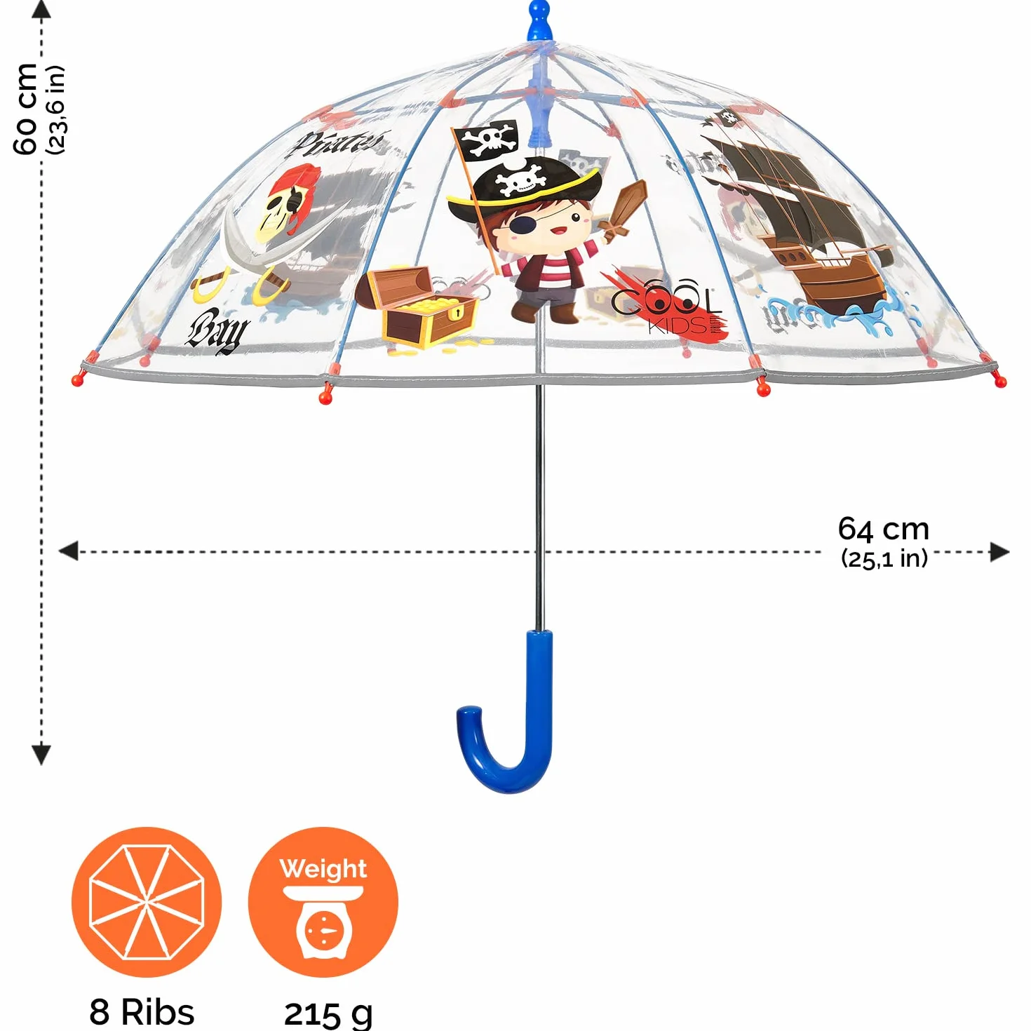 Parasol Przezroczysty Kopułowy Dzieci 3 4 5 Lat - Wiatroodporny z Odblaskowymi Detalami Chłopców i Dziewcząt - Długi Parasol Manualny System - Średnica 64 cm PERLETTI