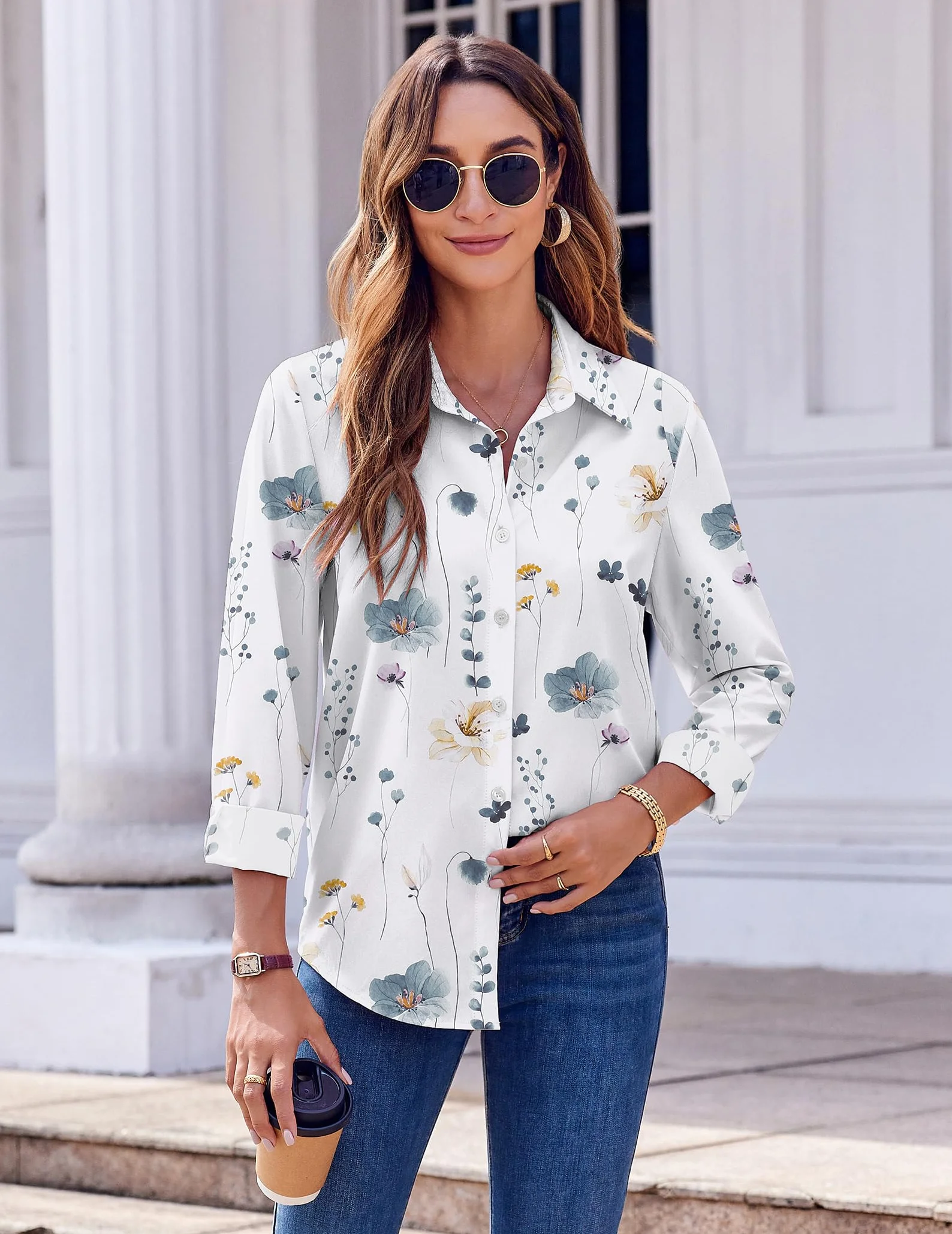 Zeagoo Bluzka damska, elegancka, kolorowa, z długim rękawem, kwiatowa, na guziki, na wiosnę, lato, bussiness blouse, basic, bez prasowania, górna część