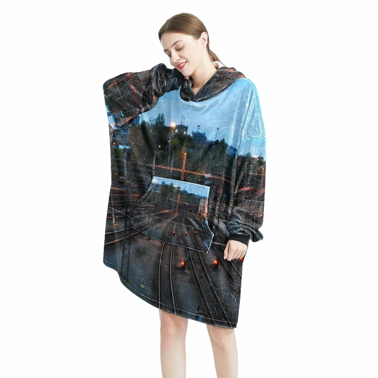 Bluza z kapturem z motywem toru pociągowego, oversize z kapturem dla kobiet, wygodna bluza, wielobarwny, rozmiar uniwersalny