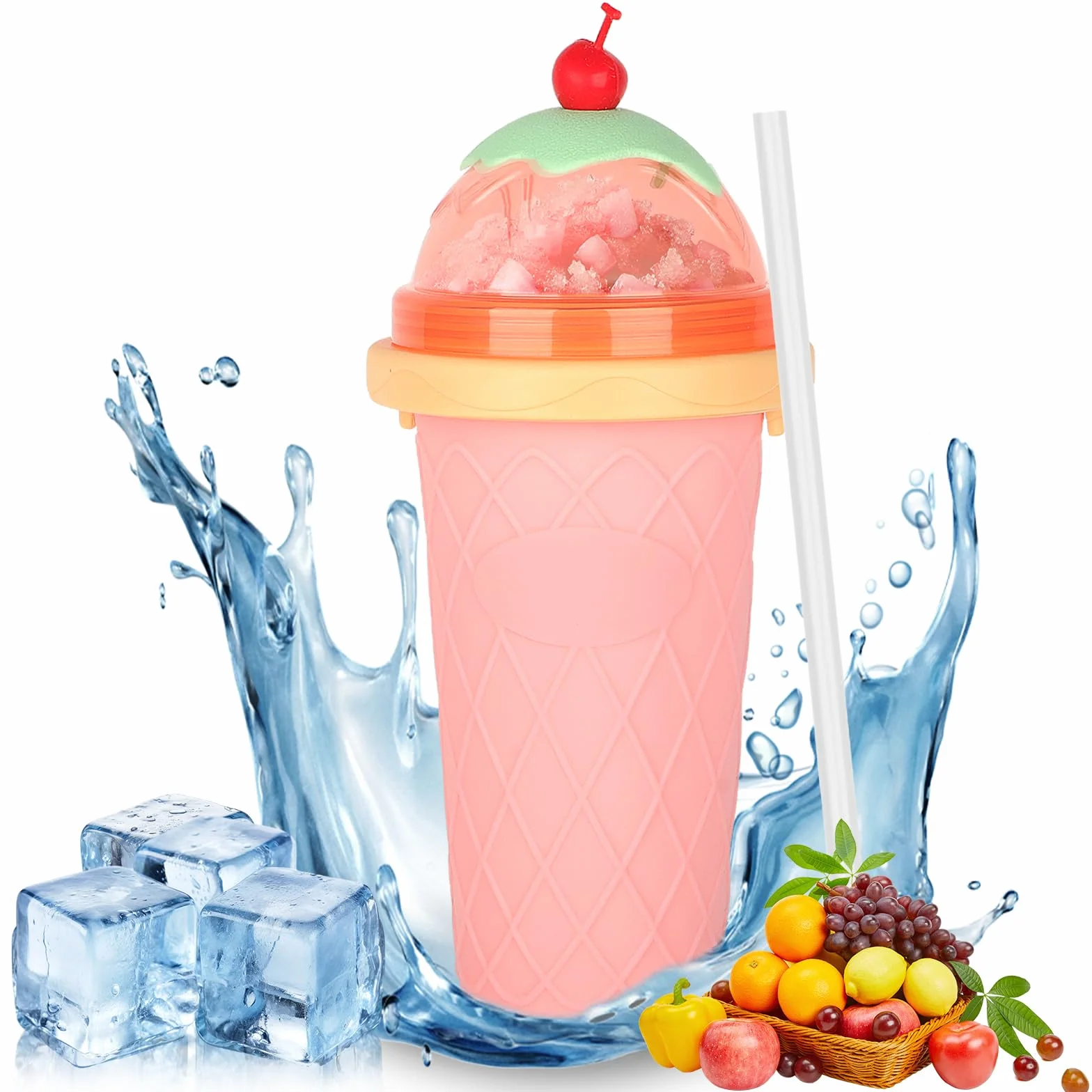 Silikonowy kubek do slushy typu zrób to sam ze słomką i łyżeczką 2 w 1, różowy