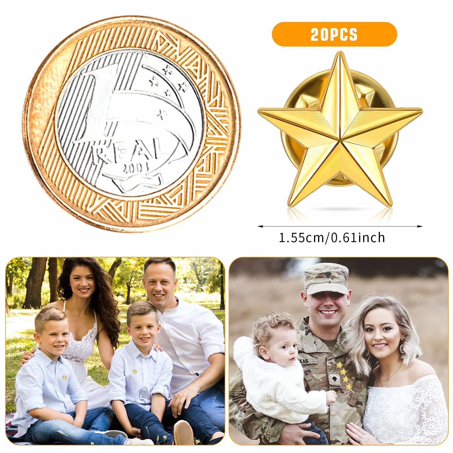 Prasacco 20 sztuk przypinek do przypinania, 1,5 cm, złota broszka ze stopu gwiazdy, broszka na Dzień Weteranów, modna przypinka dla kobiet i mężczyzn