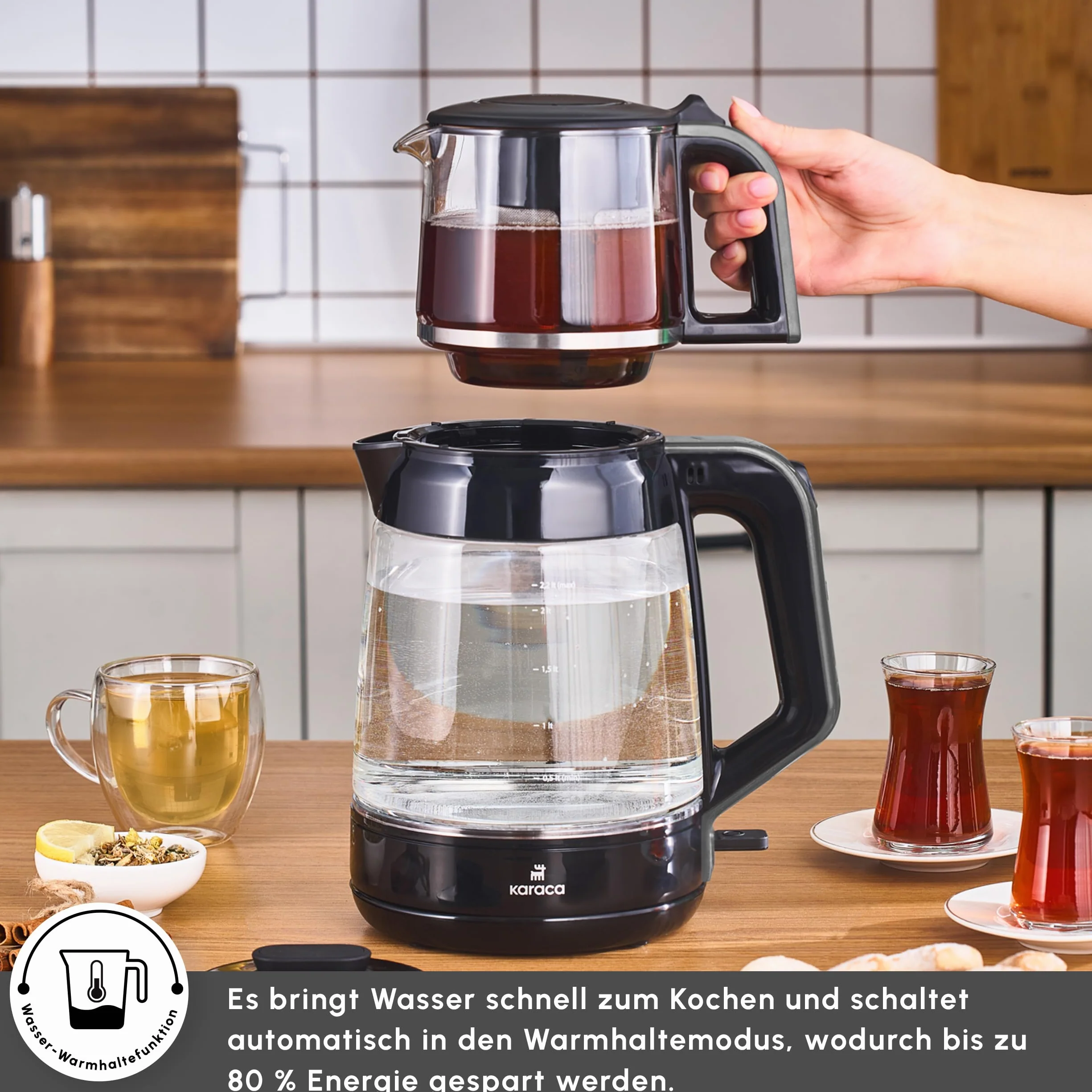 Karaca Turecki ekspres do herbaty XL – 2,2 l regulacja temperatury, czajnik elektryczny i dzbanek do herbaty 0,9 l z sitkiem, powiadomienie LED – 1900 W, wielofunkcyjny zaparzacz do herbaty, Space