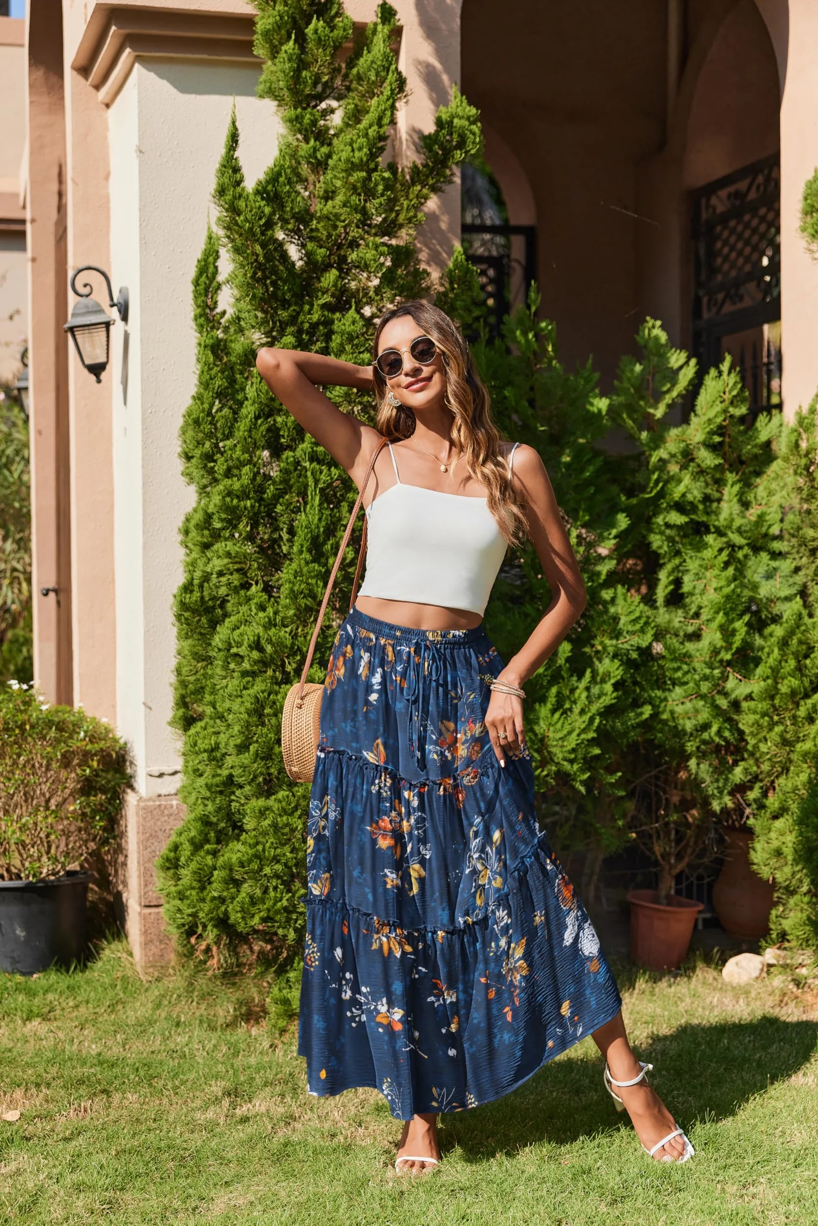 Hotouch Spódnica damska, wysoka talia, elegancka spódnica maxi, linia A, warstwowa, ze ściągaczem, spódnica w kwiaty, z kieszeniami
