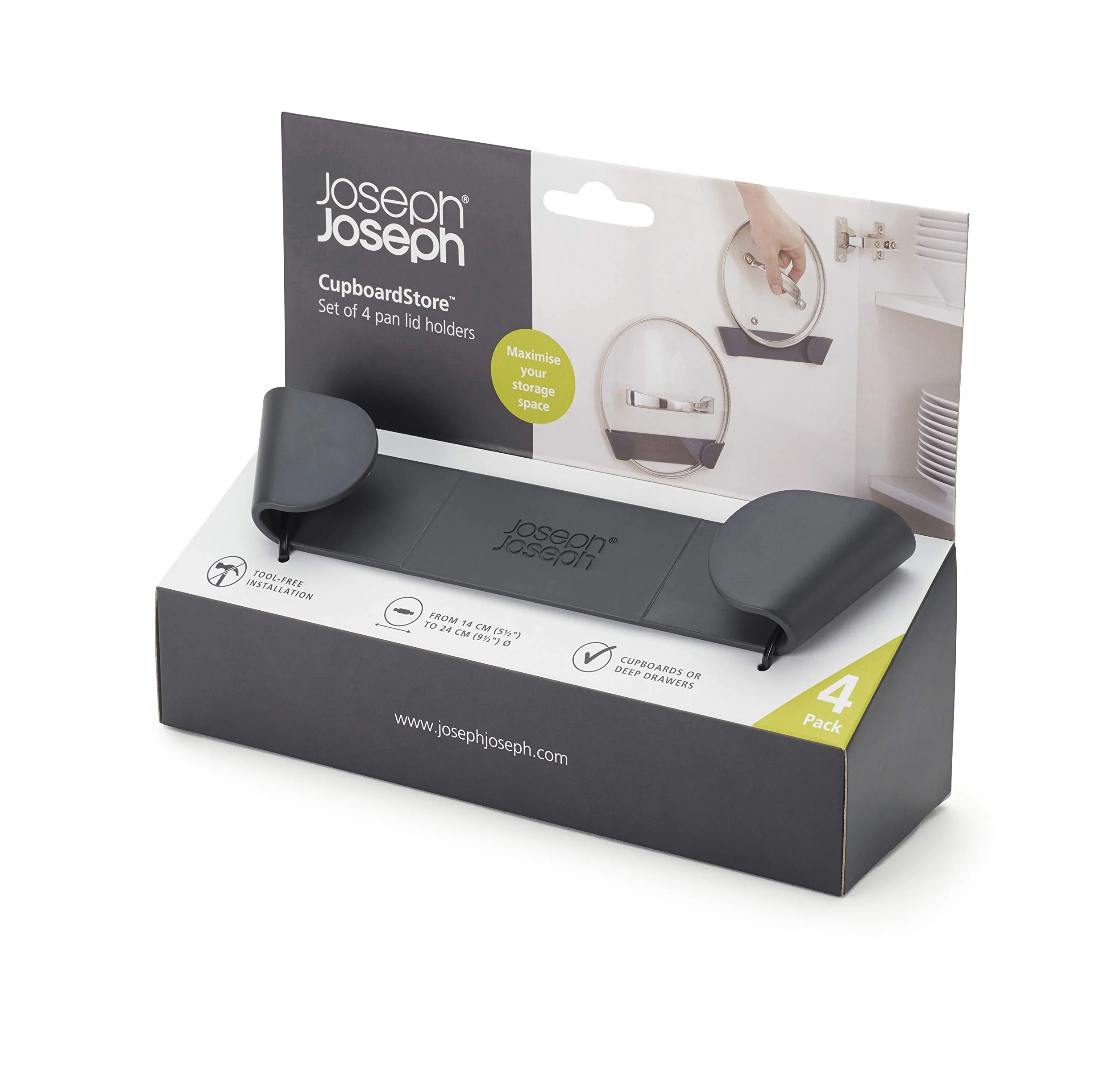 Joseph Joseph CupboardStore Zestaw 4 uchwytów na pokrywki do garnków i patelni, samoprzylepny, do 24 cm