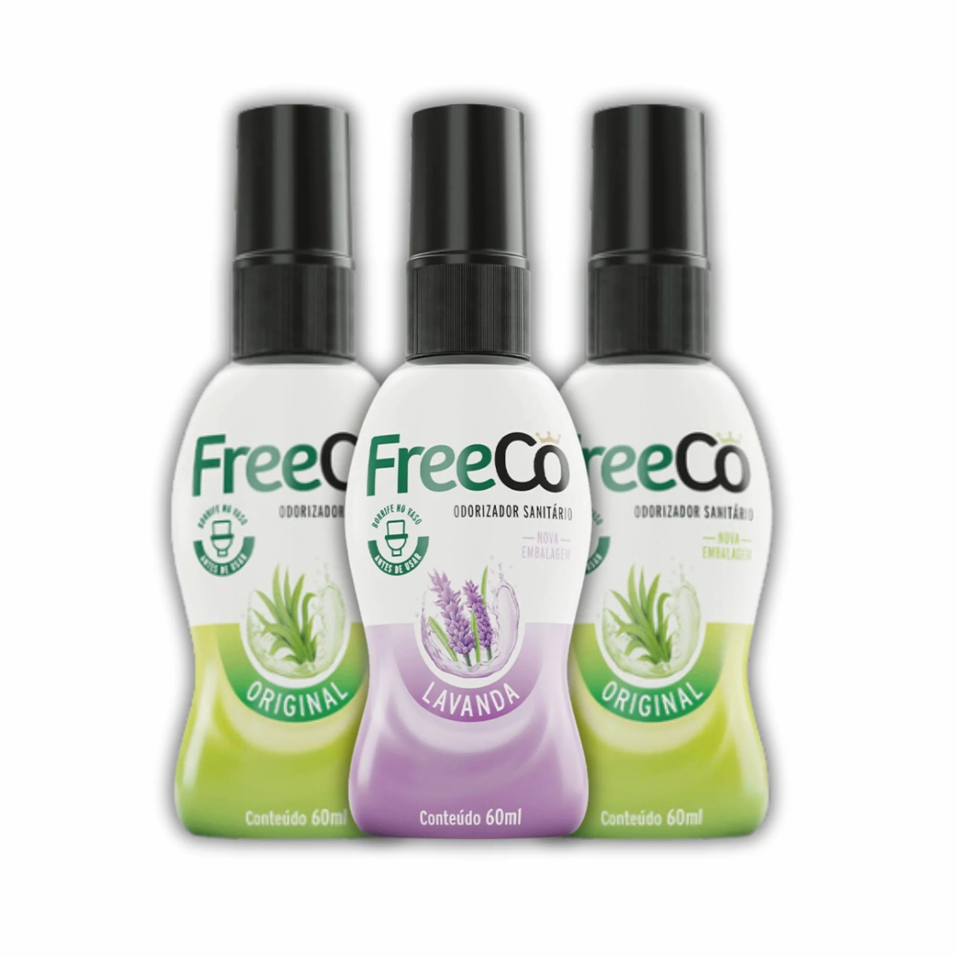 Freeco Spray do WC Blokuje zapach Olejki Eteryczne Zestaw 3x60ml Cytrusowy Lawendowy