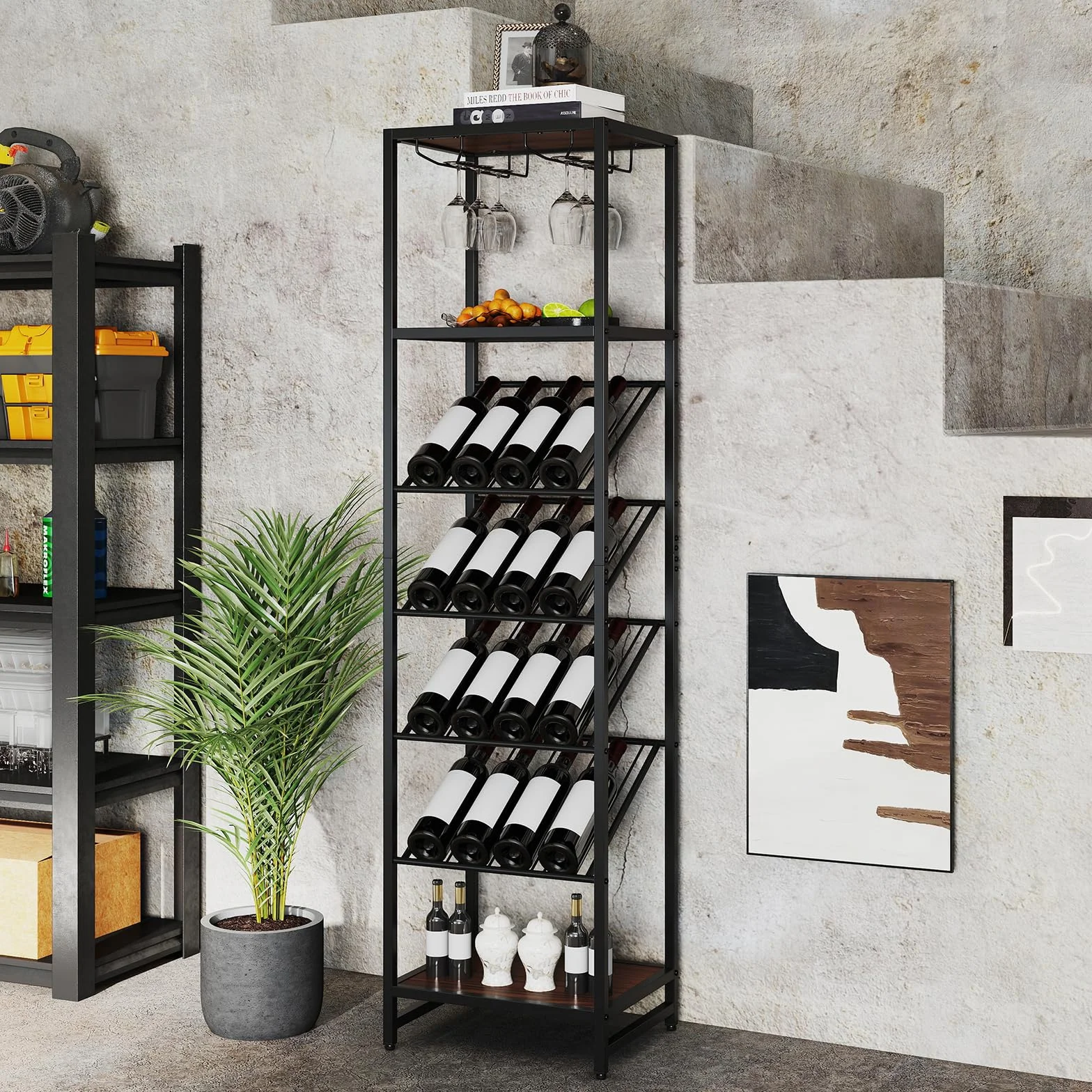 COSTWAY Regał na wino metalowy stojak na 16 butelek z uchwytami na szklanki czarny