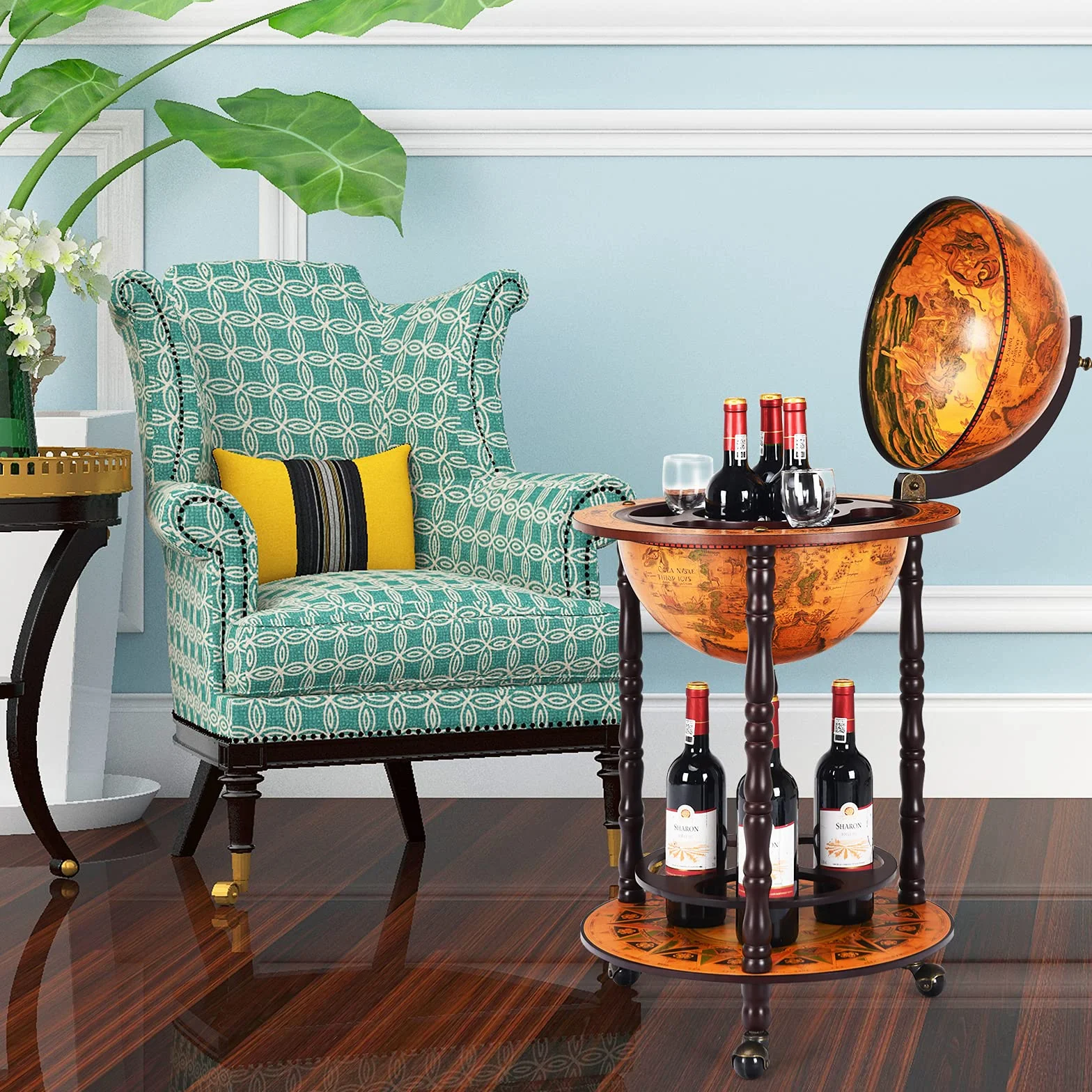 Giantex barek domowy globus vintage minibar z płytą podłogową eukaliptus 3 kółka