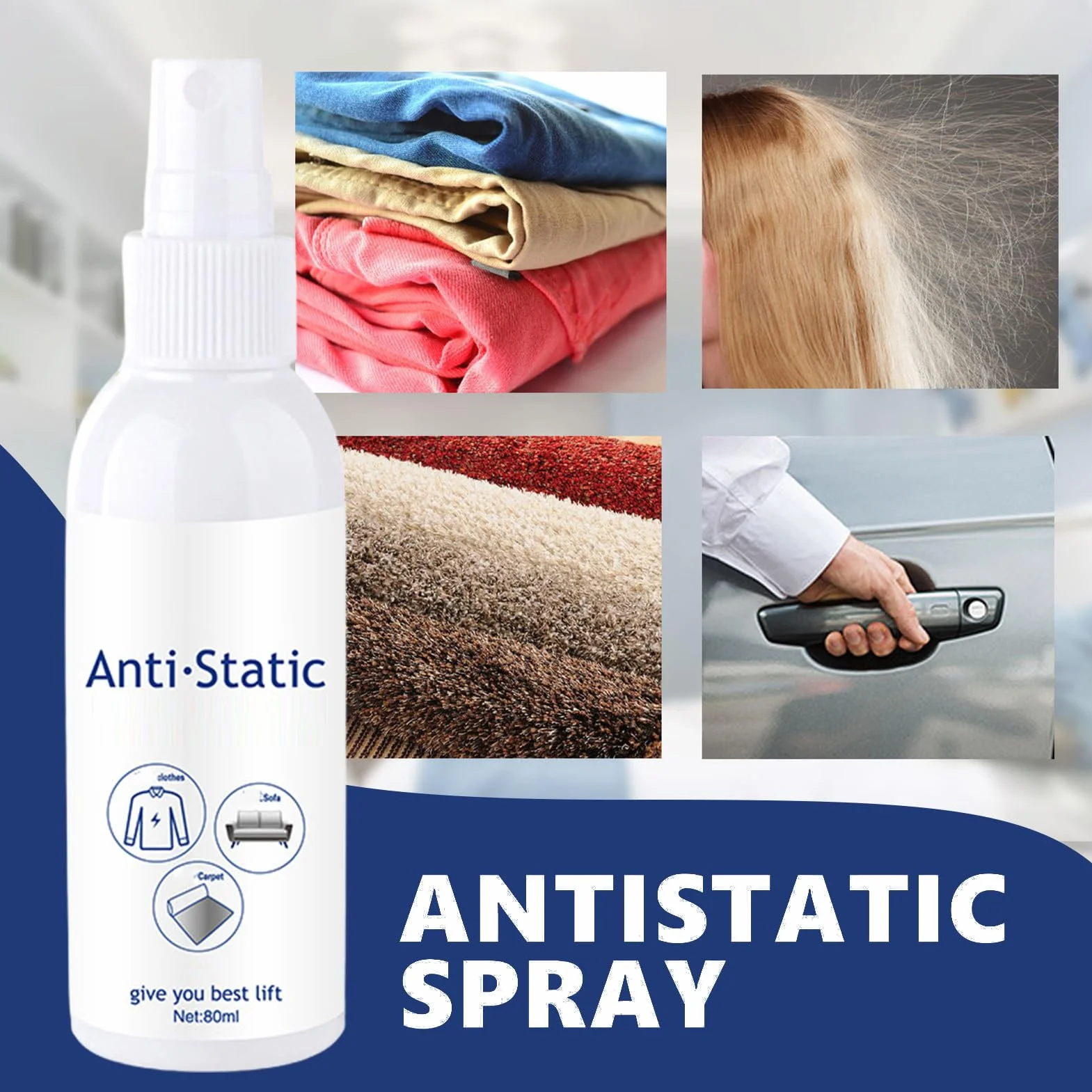 Spray statyczny, 80 ml, antystatyczny odświeżacz materiału, natychmiastowy efekt wygładzania i płyn do płukania tkanin, dywanów i mebli o długotrwałym działaniu