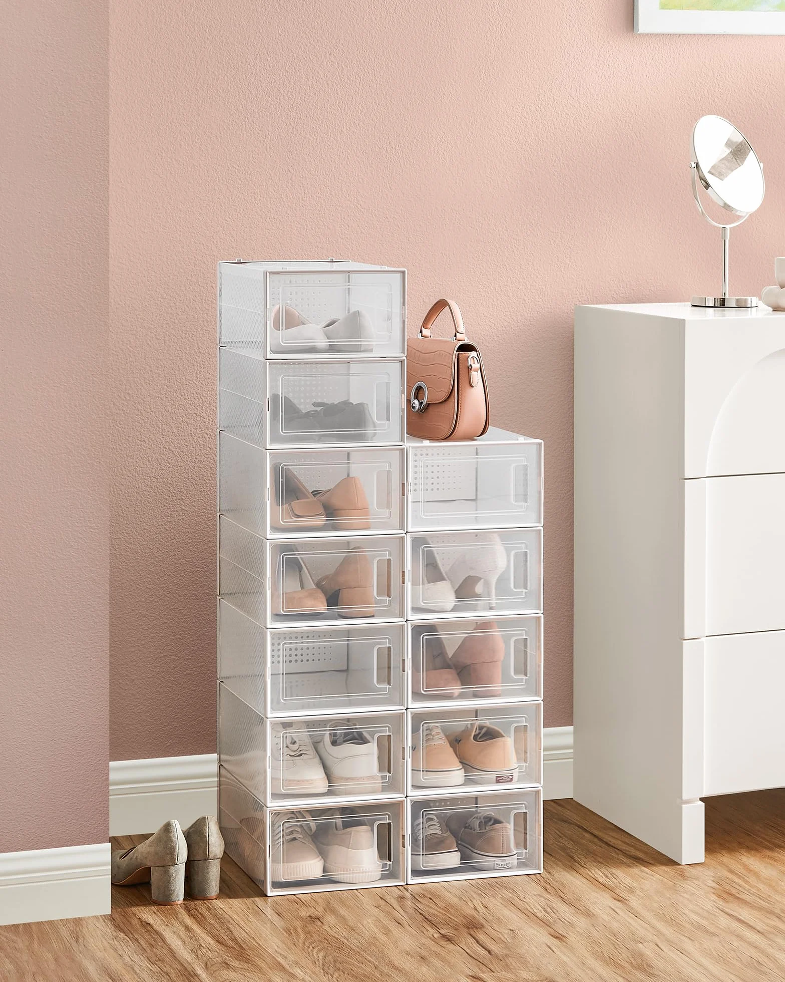 SONGMICS Pudełka na buty zestaw 12 sztuk organizer plastikowe składane układane w stosy do rozmiaru 44 przezroczysty-biały LSP12SWT