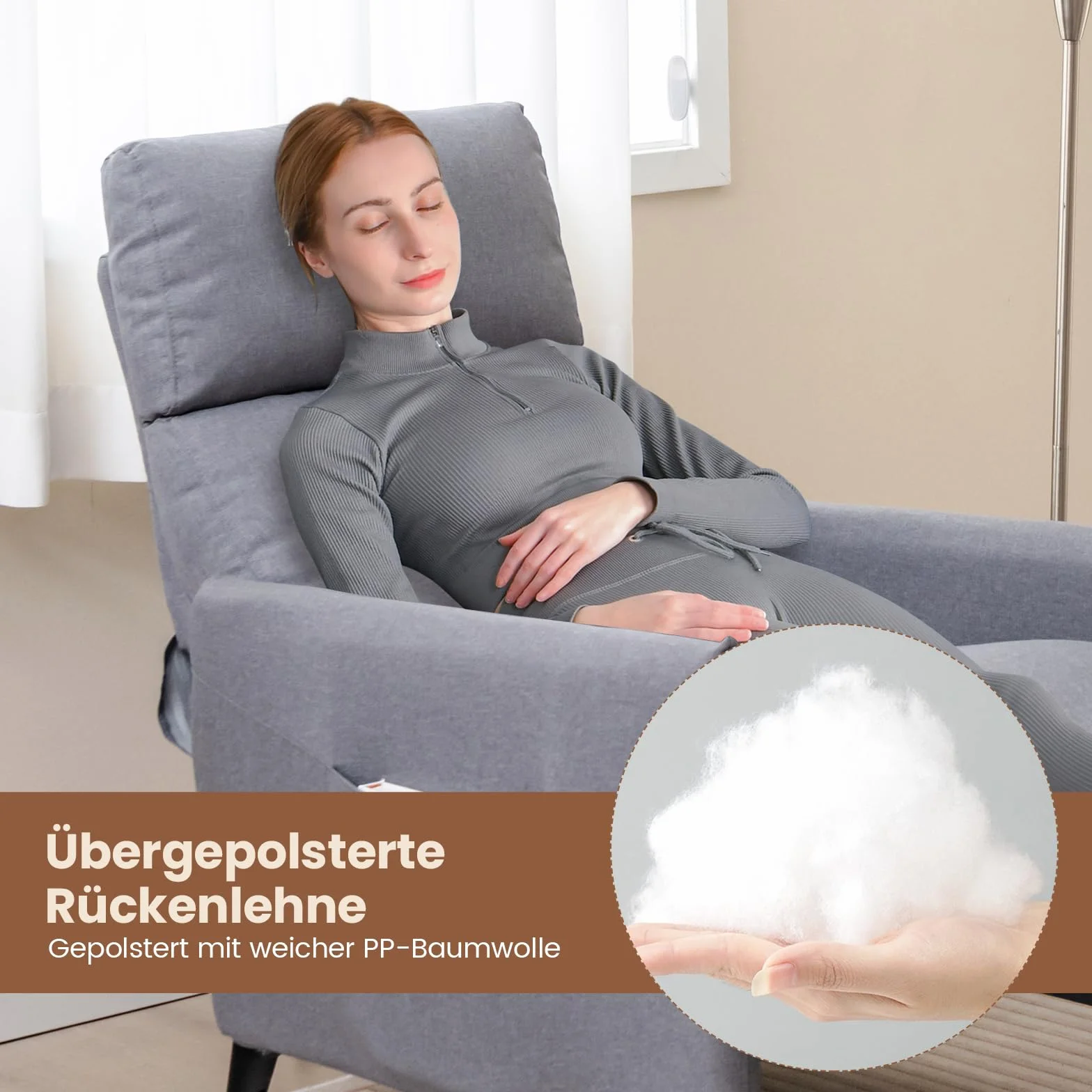 telewizyjny fotel z regulowanym oparciem i podnóżkiem, 2 kieszenie na magazynki, relaksacyjny fotel z tkaniny lnianej, pojedyncza sofa do salonu, sypialni (jasnoszary)