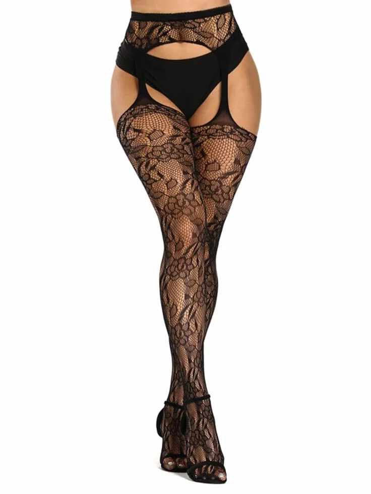 Buitifo Woman Thigh High Garter Stockings Patterned Tights Fishnet Pantyhose (Black ZHua,M)