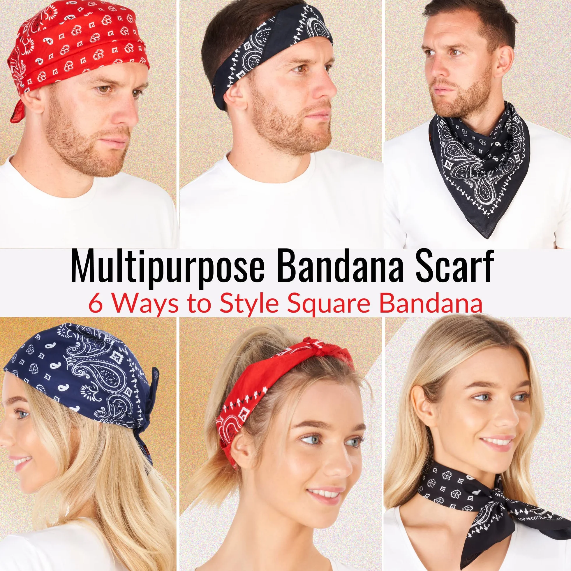 Bandana bawełniana unisex 50 x 50 cm, Chusta na Głowę i Szyję, Wzór Paisley, dla Kobiet i Mężczyzn, Sportowa
