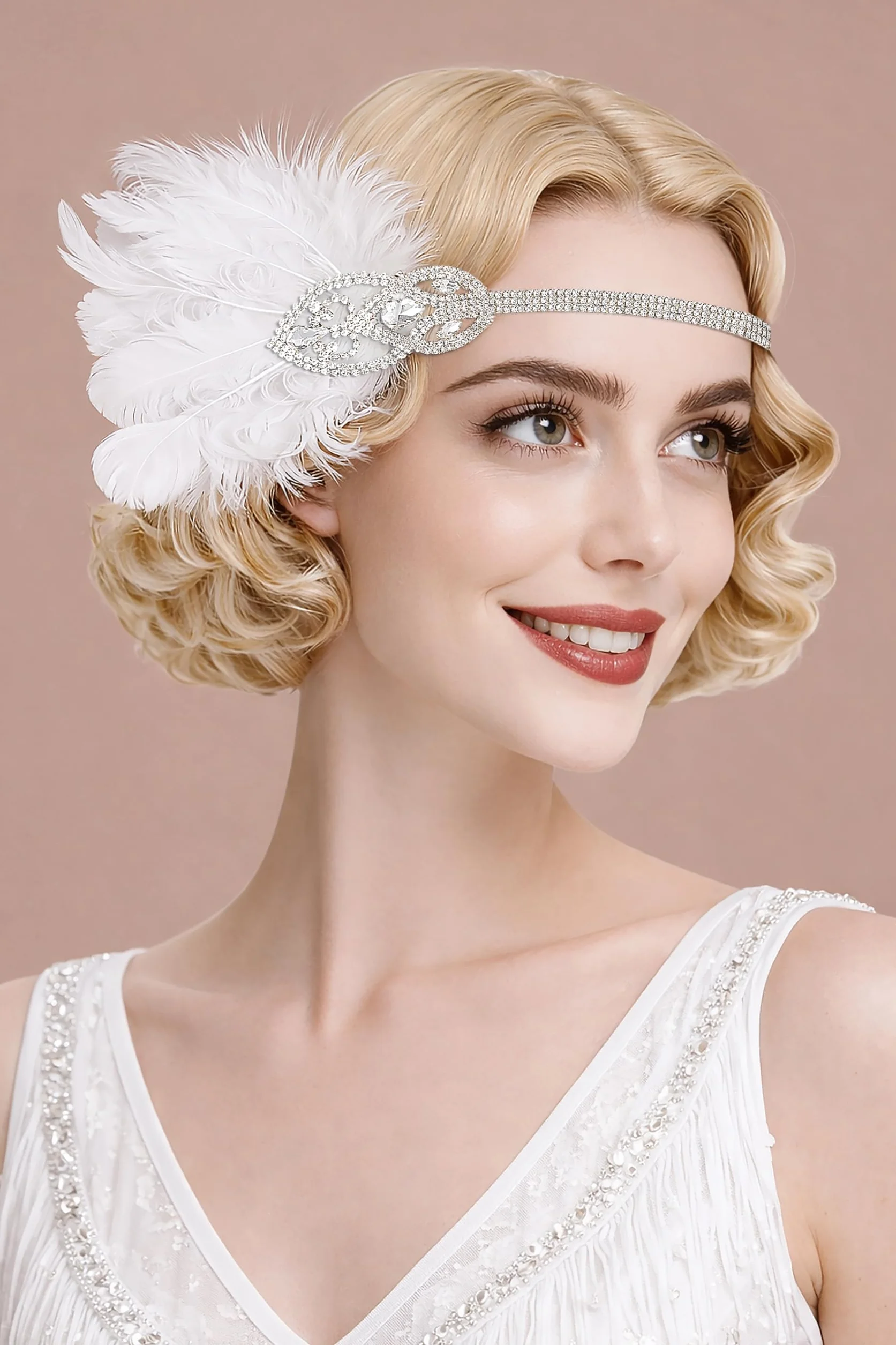 BABEYOND Opaska na głowę z piórami z lat 20., elastyczna ozdoba na głowę w stylu vintage w stylu art deco, biała