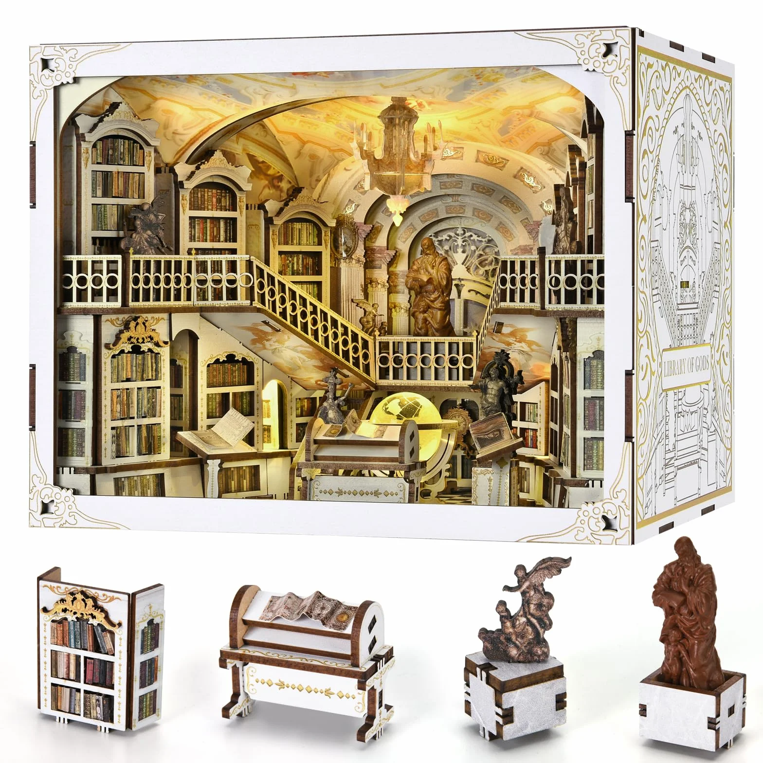 MiniCity Book Nook Kit, miniaturowy domek dla lalek, zestaw książek, drewniane puzzle 3D, podpórka na książki, dekoracja z oświetleniem LED, dla młodzieży i dorosłych (Library of Gods Max)