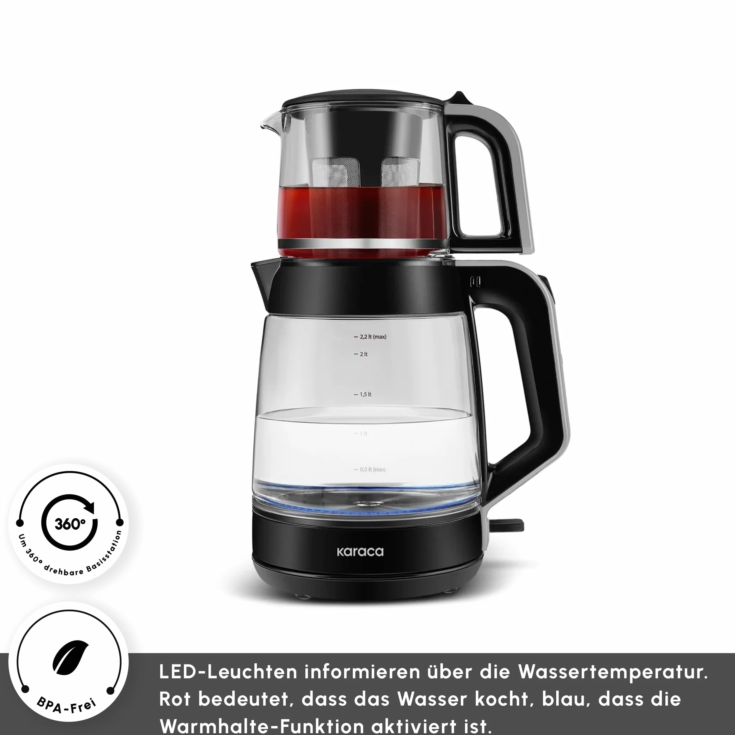 Karaca Turecki ekspres do herbaty XL – 2,2 l regulacja temperatury, czajnik elektryczny i dzbanek do herbaty 0,9 l z sitkiem, powiadomienie LED – 1900 W, wielofunkcyjny zaparzacz do herbaty, Space