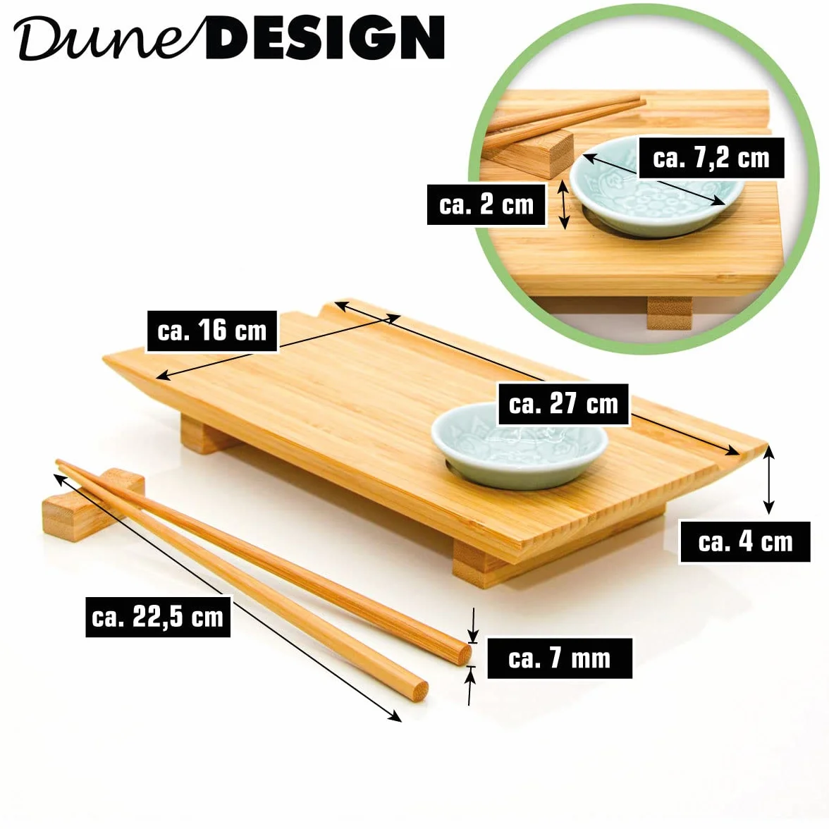 DuneDesign Zestaw naczyń do sushi dla 2 osób bambusowa taca do serwowania 27x16x4