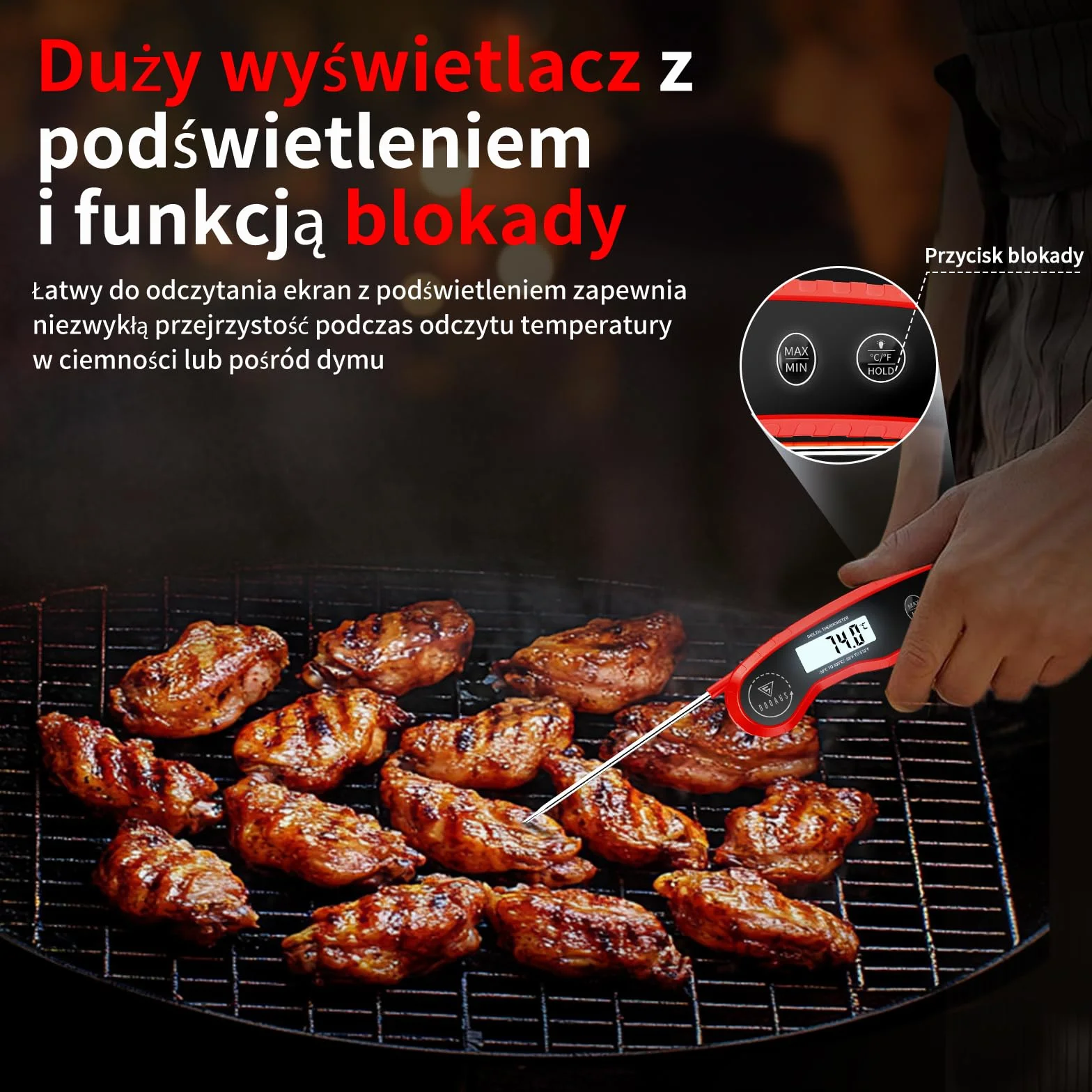 DOQAUS Termometr do grillowania czerwony