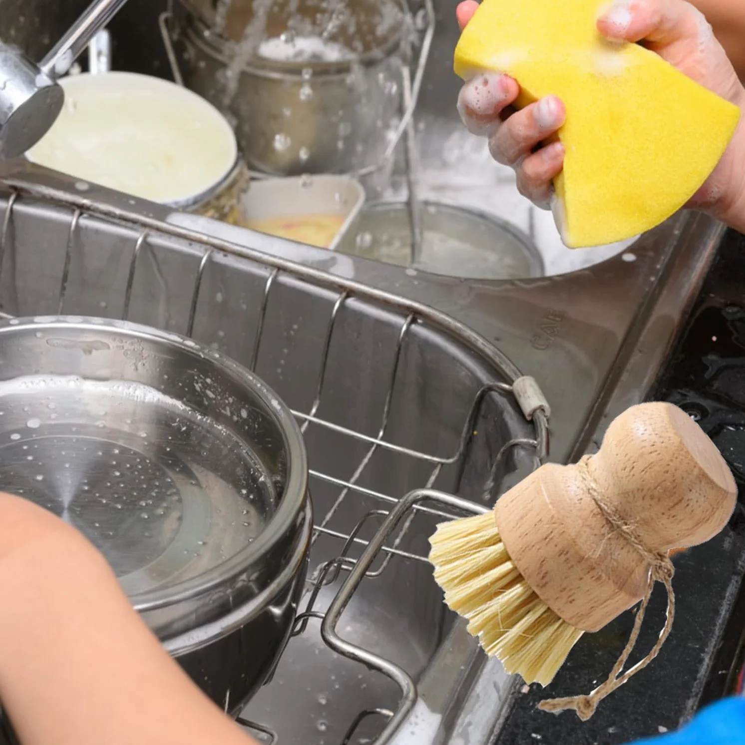 Bambusowa szczotka do czyszczenia dłoni, 2 sztuki, bambusowe szczotki do mycia naczyń, garnków, patelni, zlewozmywaków kuchennych
