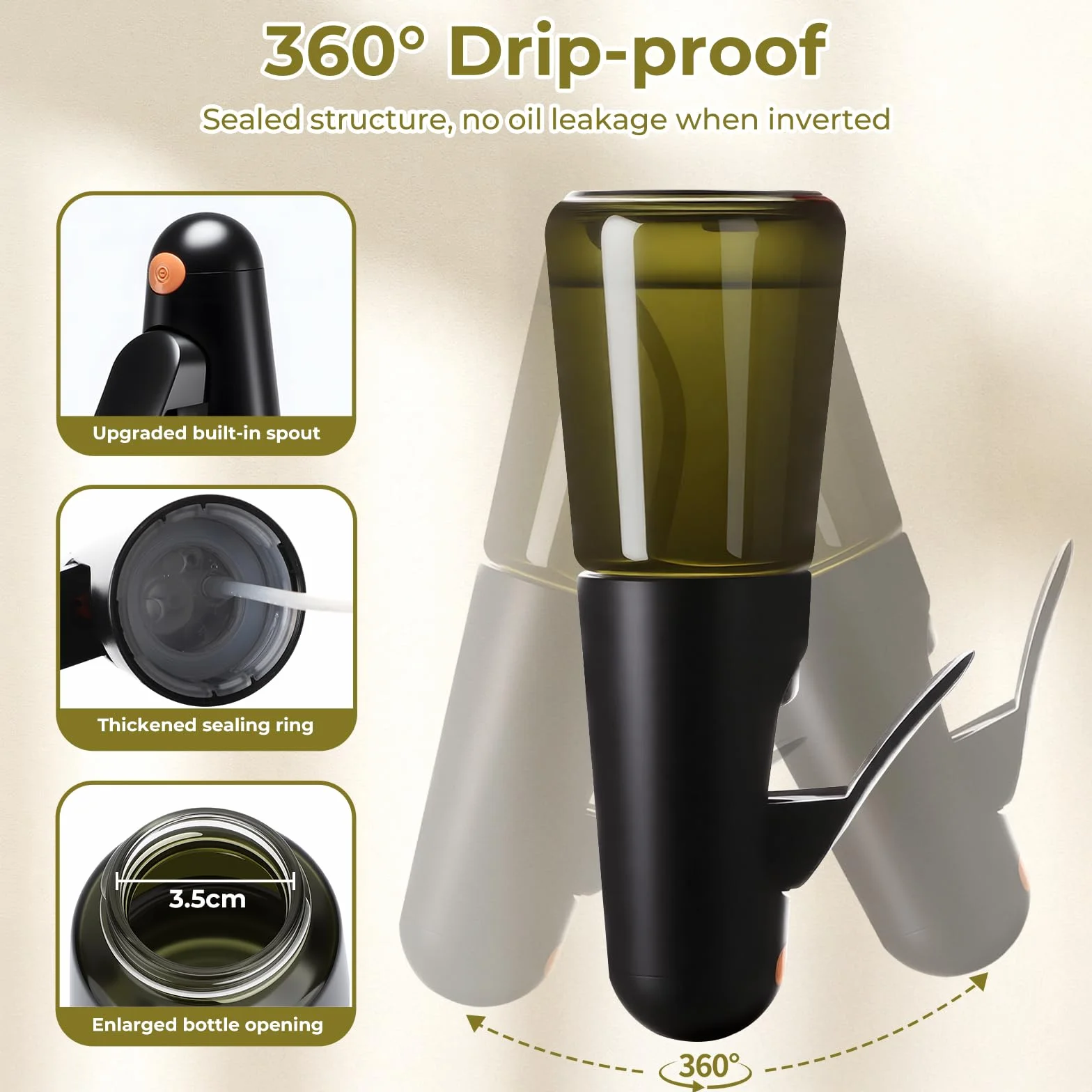 Euqvunn Rozpylacz Oleju do Gotowania 200ml Szklana Butelka Blokująca Światło Antywyciekowy 360° Dozownik Spray z Pędzlem Czarny