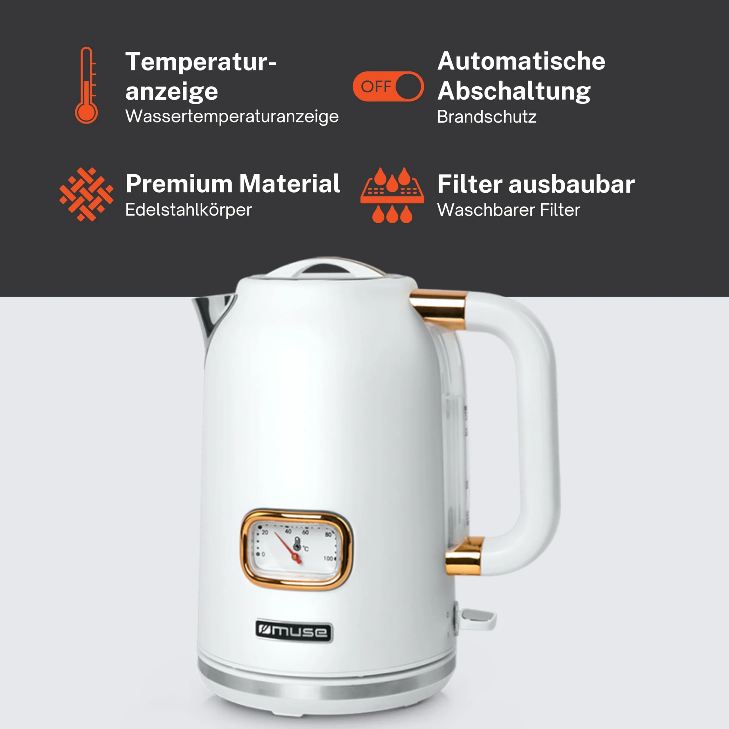 MUSE Czajnik elektryczny retro ze stali nierdzewnej 1,7 l z analogowym wskaźnikiem temperatury MS-030