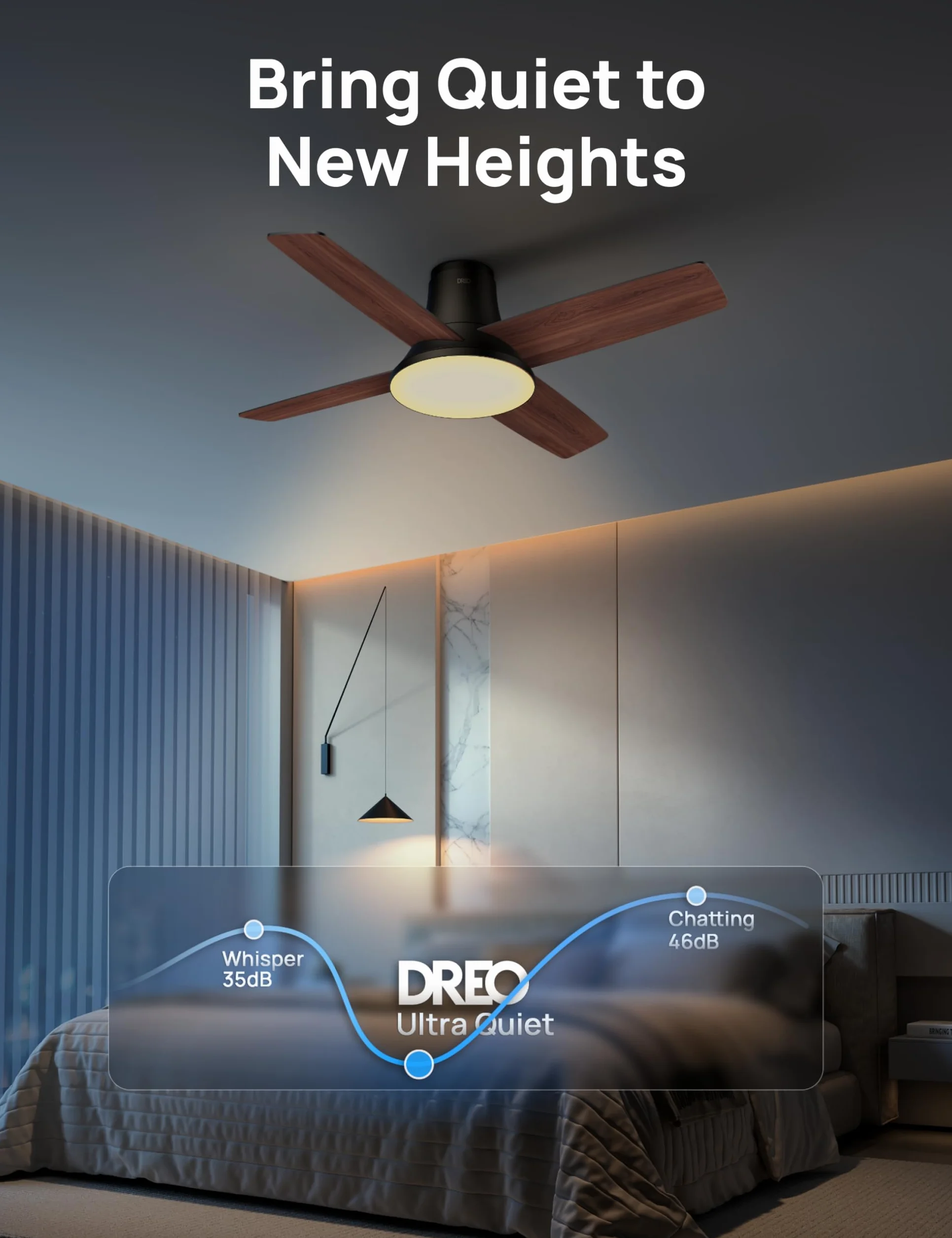 Dreo Cichy wentylator sufitowy z lampą LED 112 cm odwracalny 5CCT 6 prędkości pilot czarny