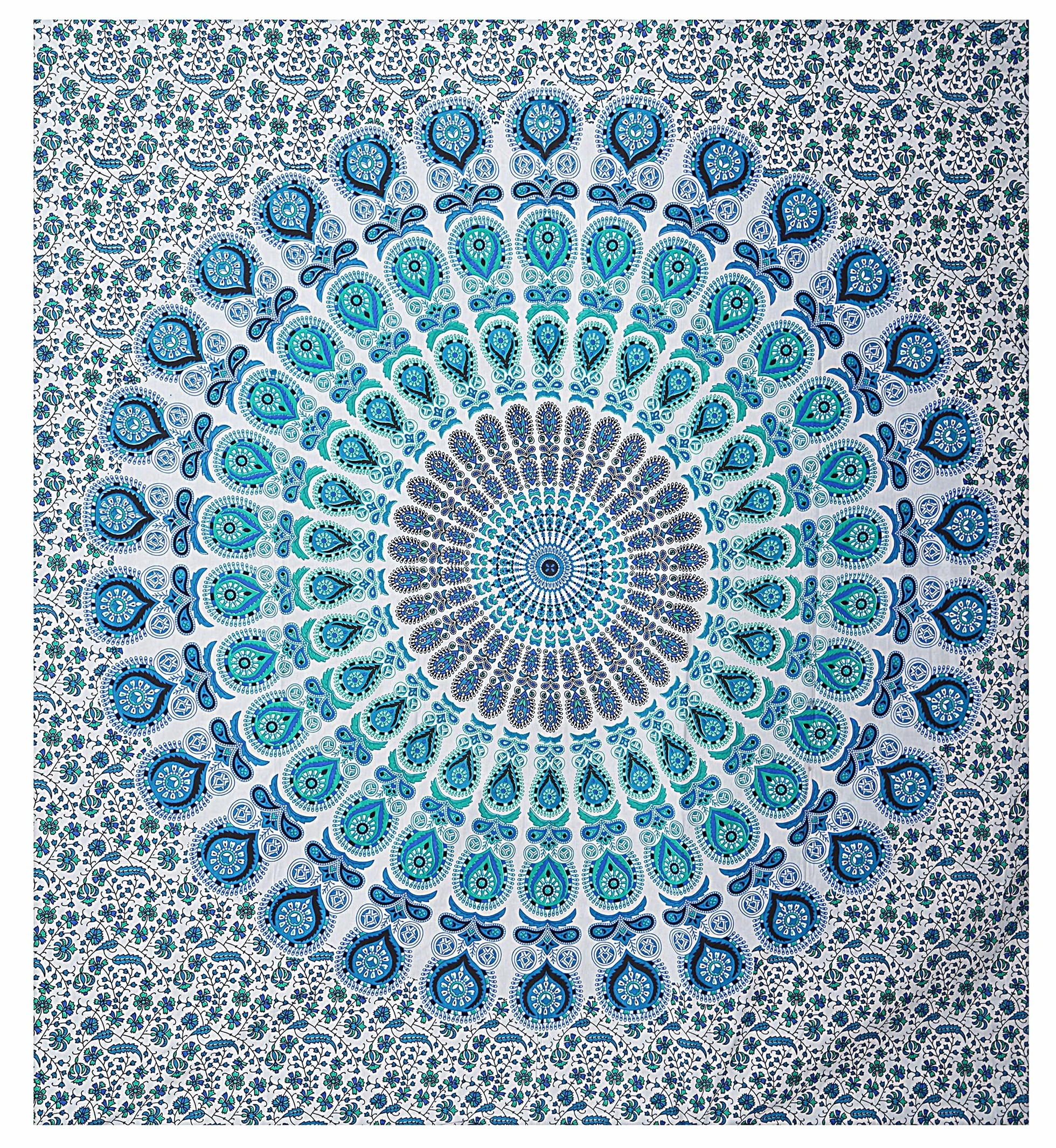 FURNISHFUL FINESSE Mandala dywan ścienny błękitny boho paw 228 x 274 cm