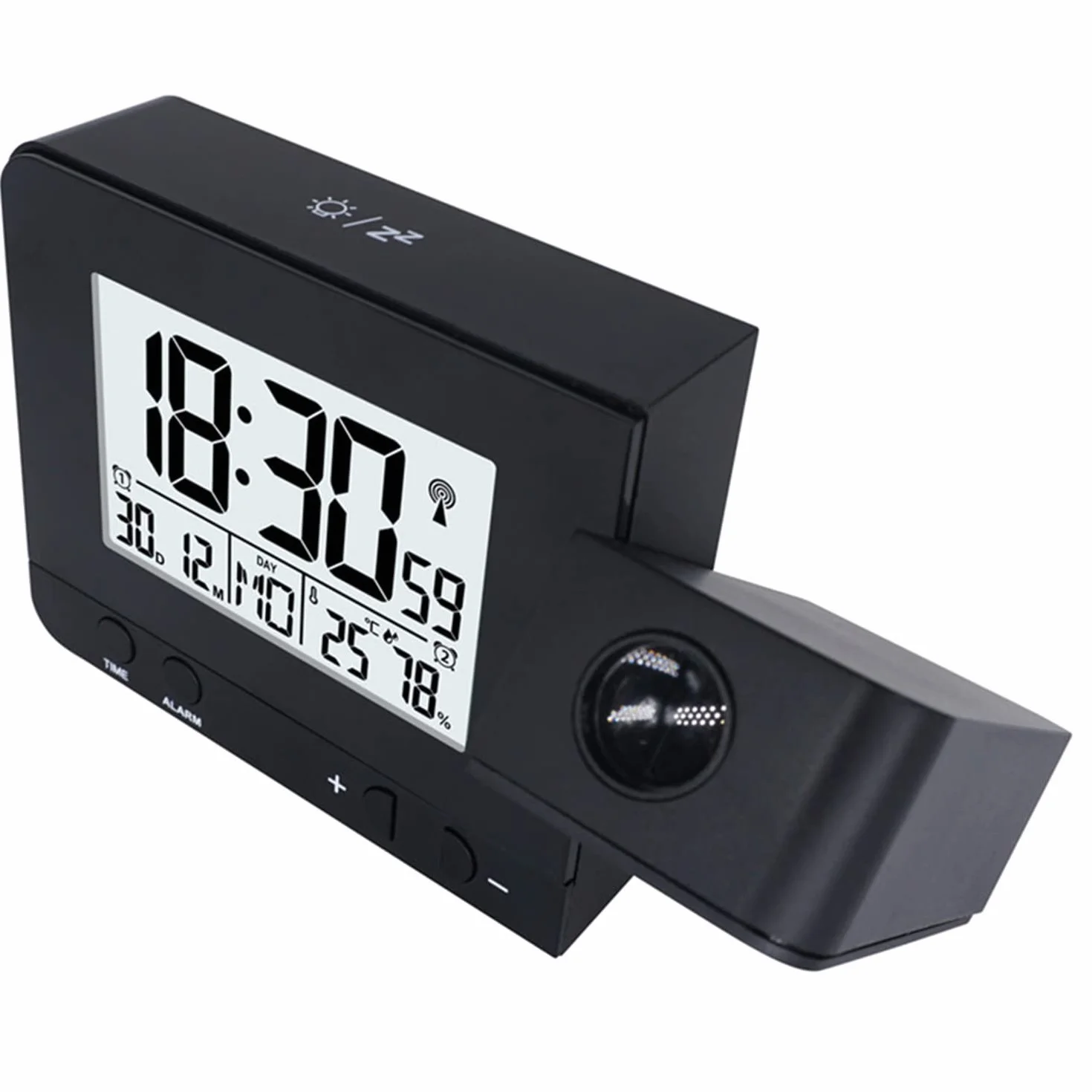 Inteligentny elektroniczny LCD cyfrowy budzik z projekcją laserową z pogodą zegar w sypialni wewnętrzny monitor temperatury i wilgotności Port ładowarki USB,12/24 H,drzemka,4 ściemniacze,Black