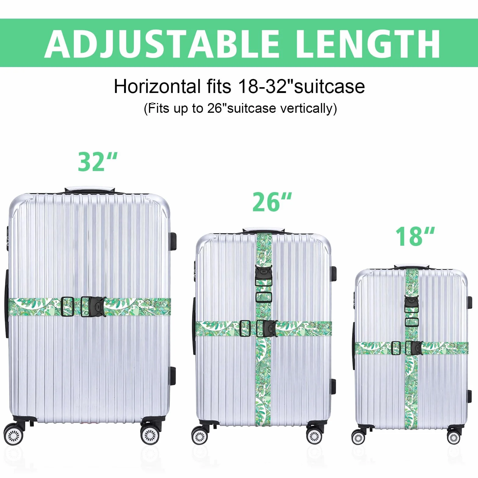 MOTONG 2PCS Paski do waliz, Pasy do waliz podróżnych, Personalizowane, Regulowane, 200 cm, Łatwe identyfikowanie pasków do bagażu, Do podróży służbowych, Akcesoria podróżne (Zielony)