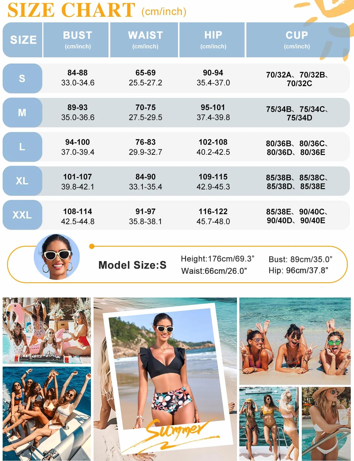 Yuson Girl Damski zestaw bikini z falbankami, głęboki dekolt w serek, dwuczęściowy kostium kąpielowy, wysoka talia, wyszczuplający brzuch, zestaw bikini, seksowny strój kąpielowy, 2-częściowy strój