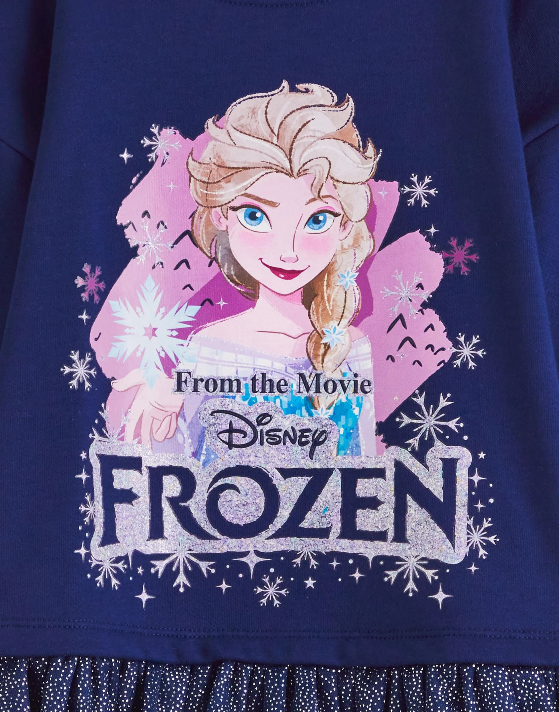Disney Frozen Girls sukienka swetrowa | dziecięca bluza księżniczki Elsa z błyszczącą spódnicą tiulową w kolorze granatowym | błyszczący sweter graficzny w kompletnym filmie