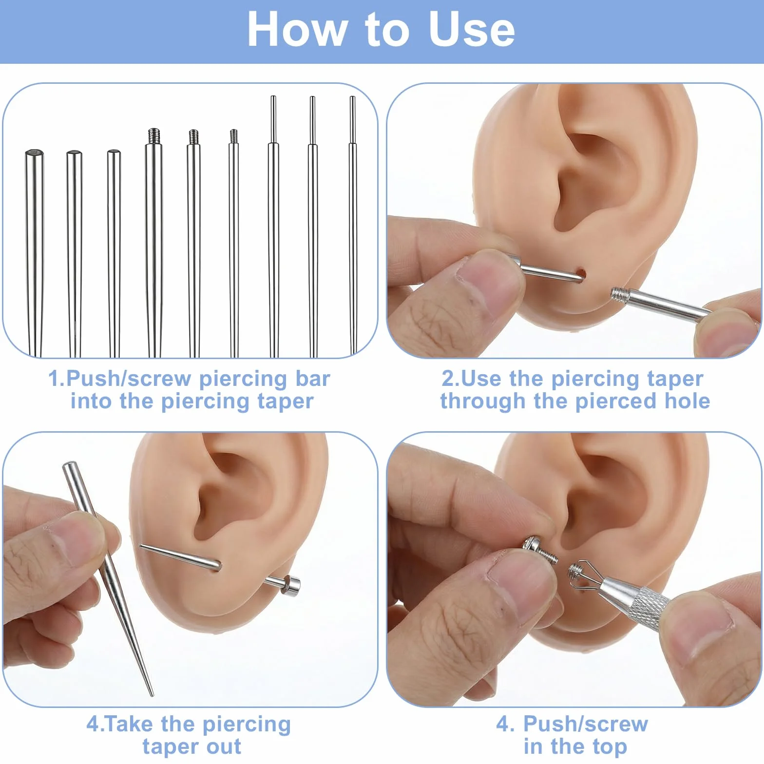 Piercing stożkowy chwytak kulkowy, narzędzie do zmiany biżuterii, 12G, 14G, 16G, 18G, 20G, bezgwintowy trzpień, ze stali nierdzewnej, płaskie, tylne, aplikator, biżuteria do ciała, do uszu, nosa
